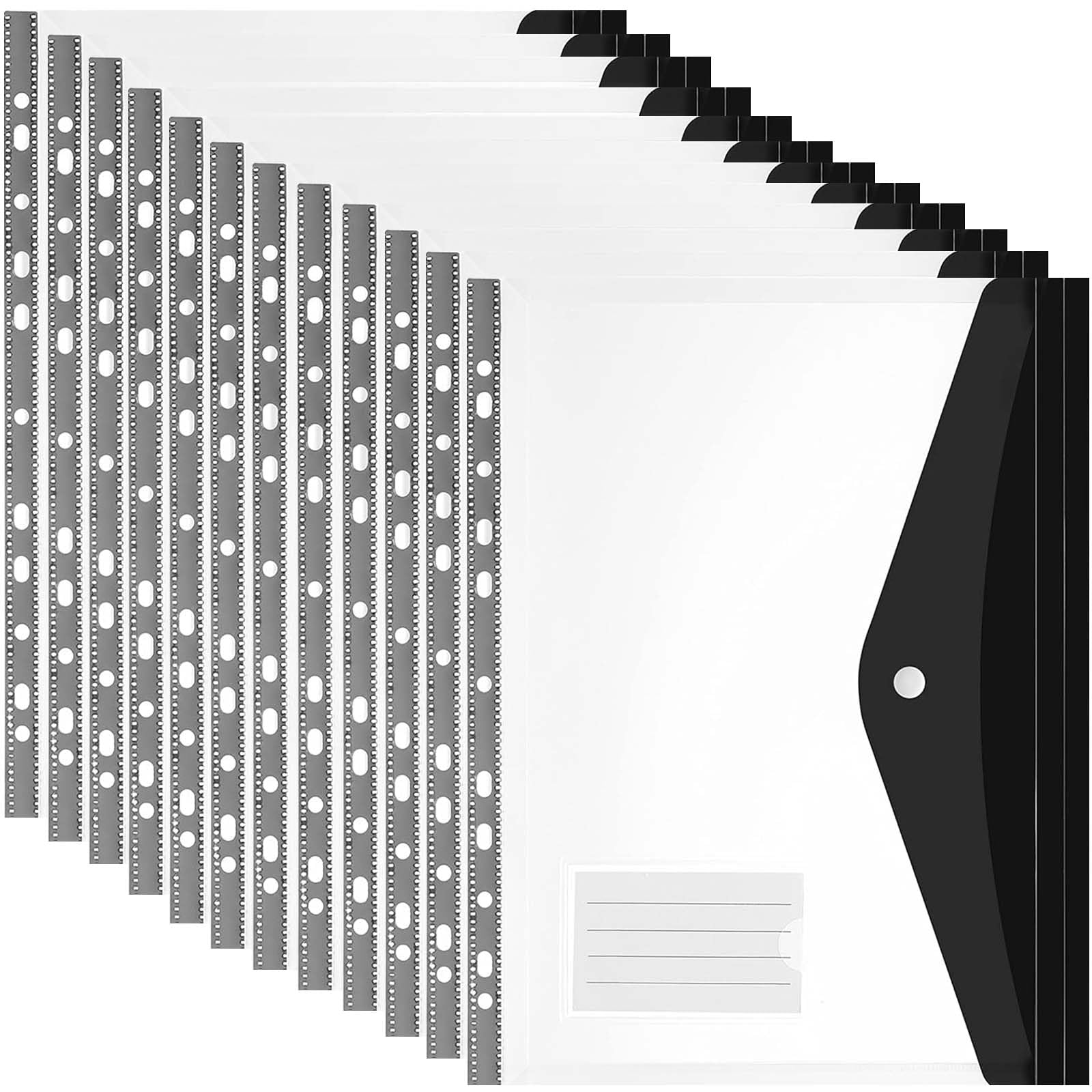 12PCS Plastic Wallets A4 Punched Pockets, 11 Holes Expandable Binder Folders for 2/3/4 Ring Document Pouch with Snap Button & Label Loose-Leaf Transparent for Office School Home (Side Open-Black)