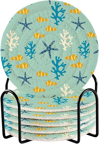 Coral Reef Fish Coasters Set of 6 with Holder Coasters for Drinks Table Coasters Posavasos para Mesa