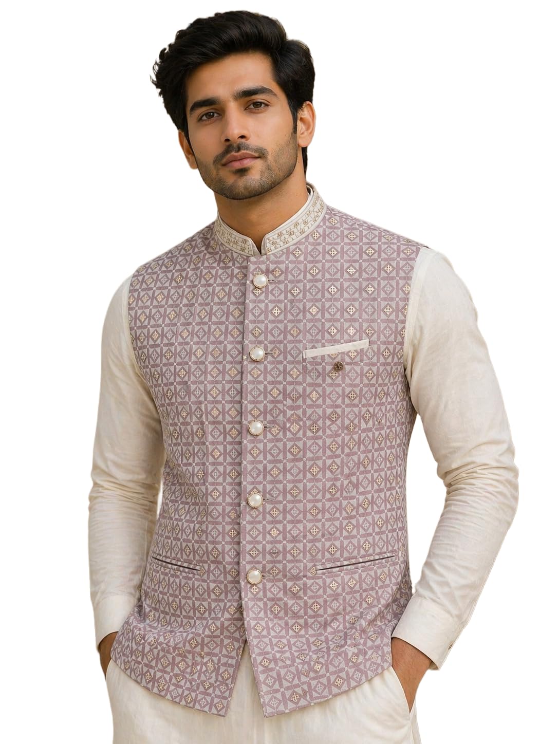 MEN 'S Premium Cotton Jacquard Nehru Jacket | Ethnic Waistcoat for Wedding Stylish Waistcoat for Kurta with Gold Design-picture-50
