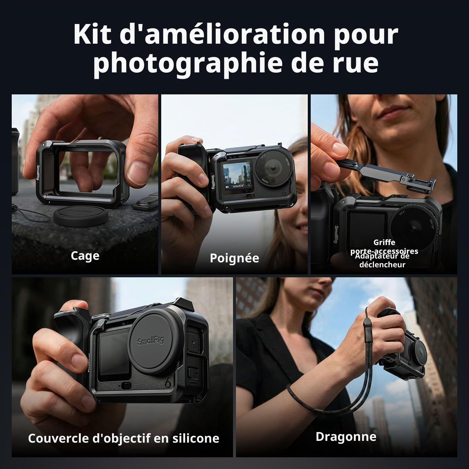 SMALLRIG Kit de poignée pour DJI Osmo Action 6 avec Cage en métal, poignée pour Photographie de Rue pour DJI, Action 6 avec Bouton d'obturation, Patte de Fixation, Sangle de Poignet, Protection - 6037