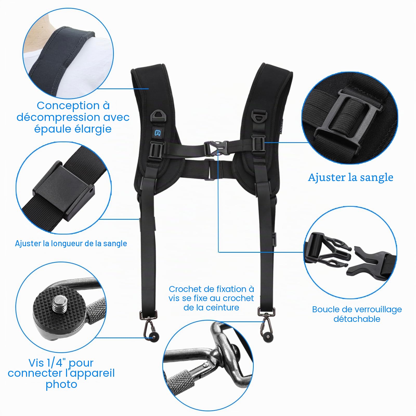 PULUZ Sangle de décompression à double épaule pour Canon/Sony, universelle pour 2 DSLR appareils photo avec Vis 1/4 Pouce pour Nikon et autres appareils photo