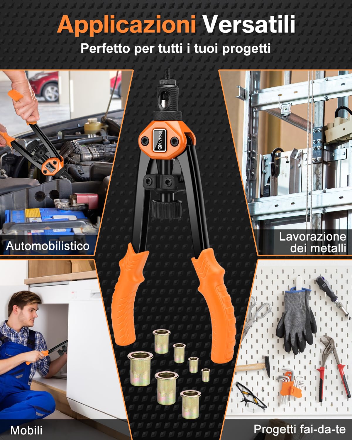 Lytool Pinza per Dadi Rivetto 13'', Kit Rivetti Filettati M3–M12, Set 70 Pezzi con 7 Mandrini, Utensile Professionale per Metallo, Carrozzeria, Officina