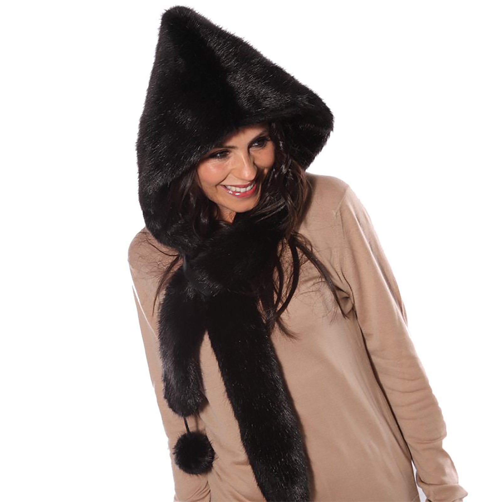Gizzy Women's Black Gizzy® Faux Fur Hood With Pom Poms. (Black)
