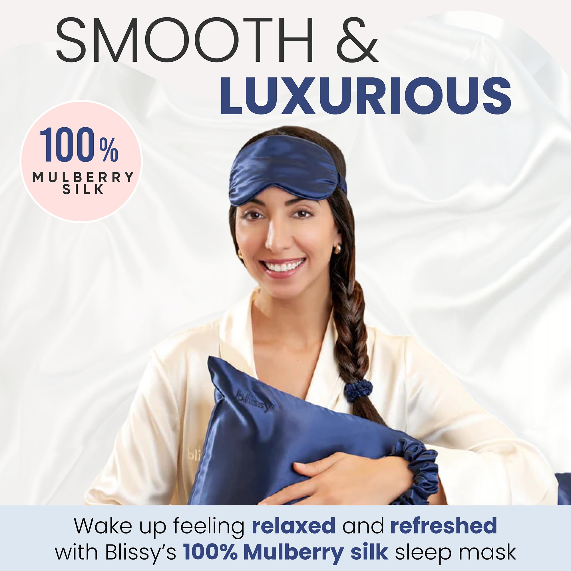 BLISSY Silk - Mascherina da notte in seta, per donne e uomini, per un oscuramento totale, 100% pura seta di gelso, 22 momme, fibre 6a, mascherina per dormire, copertura per gli occhi (blu)