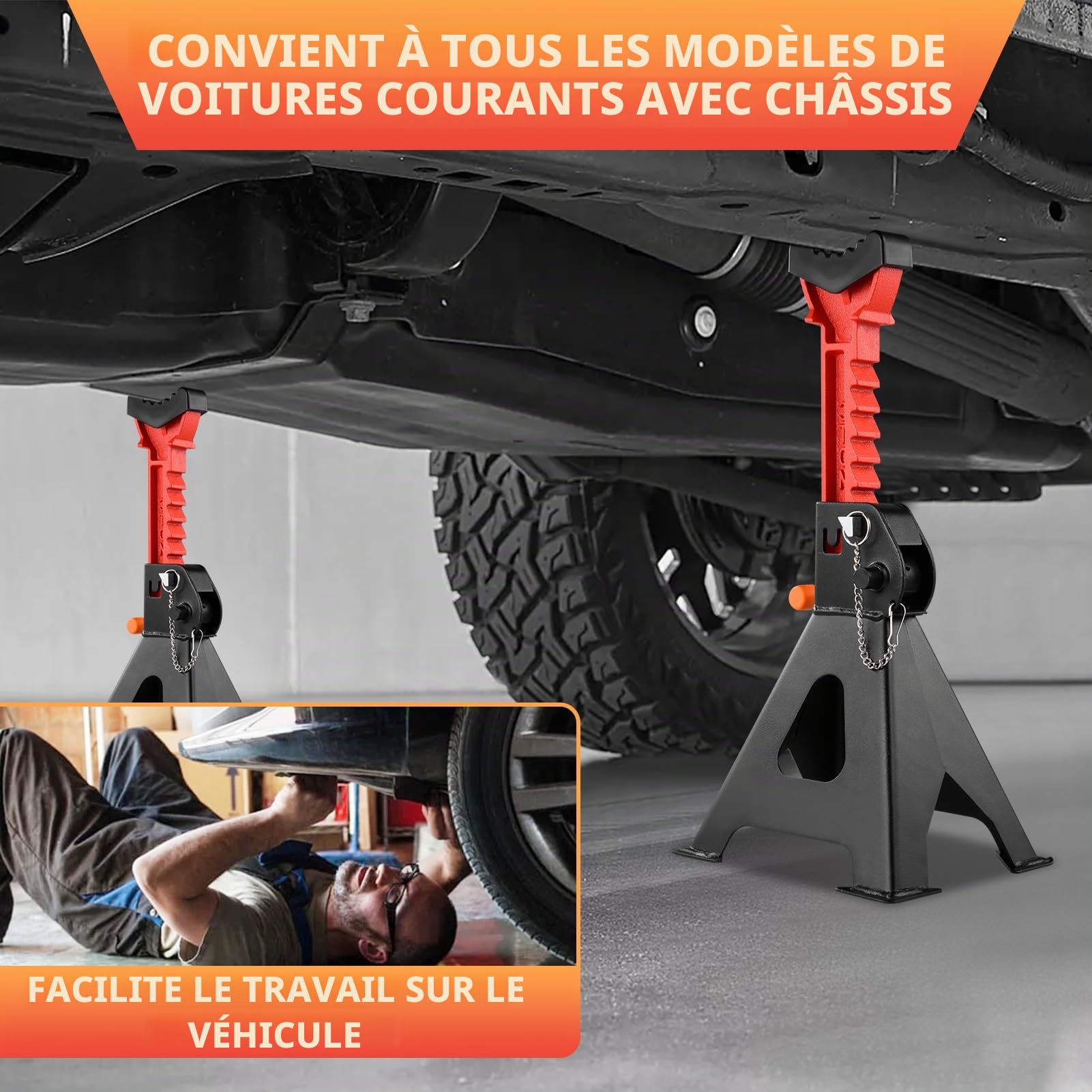 Lot de 2 chandelles d'essieu 6 tonnes réglables en hauteur sur 9 niveaux (36-58,5 cm) avec support en caoutchouc pour voitures, SUV et camionnettes