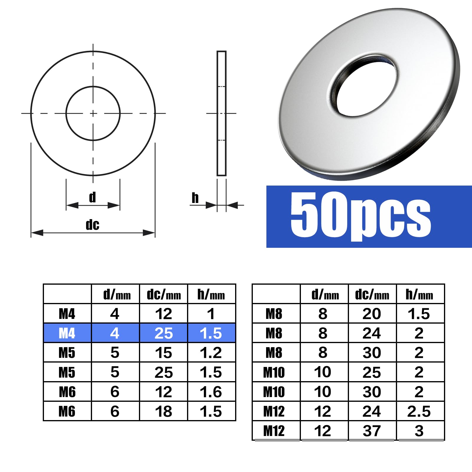 DKBT 50 Pieces M4 Washers Penny Washers M4x25x1.5 mm A2 304 Stainless Steel Washer Plain Metal Flat Repair Round for Screws Bolts Nuts - Image 2