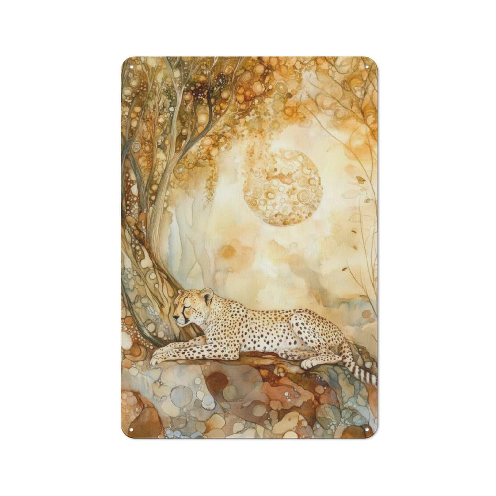Junmoney Cheetah Under A Golden Moon Retro Decorative Metal Plaque 30X20cm, Garage Wall Decor For Garage, Workshop, Shed Or Utility Room