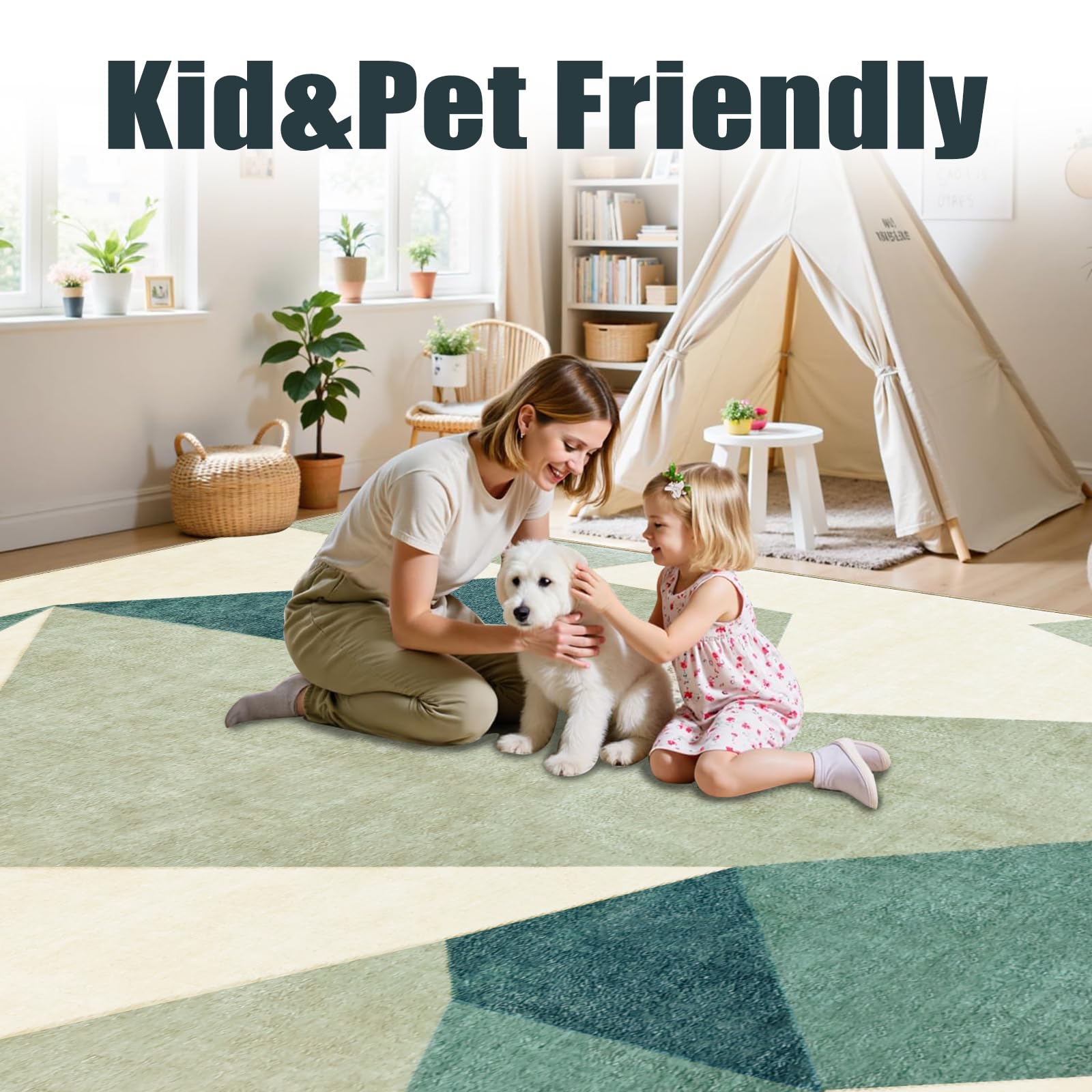 Tapis Vert Salon Moderne Poil Ras Lavable 160 x 230 cm