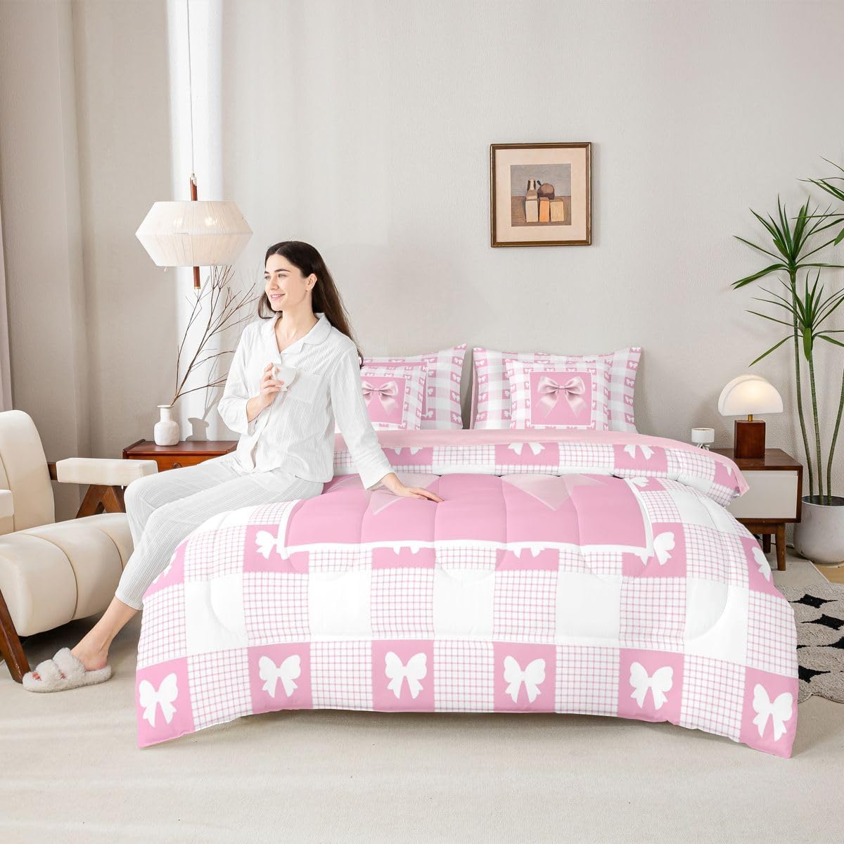 Feelyou Pink Ribbon Bow 7 Piece Bedding Set for Kids
