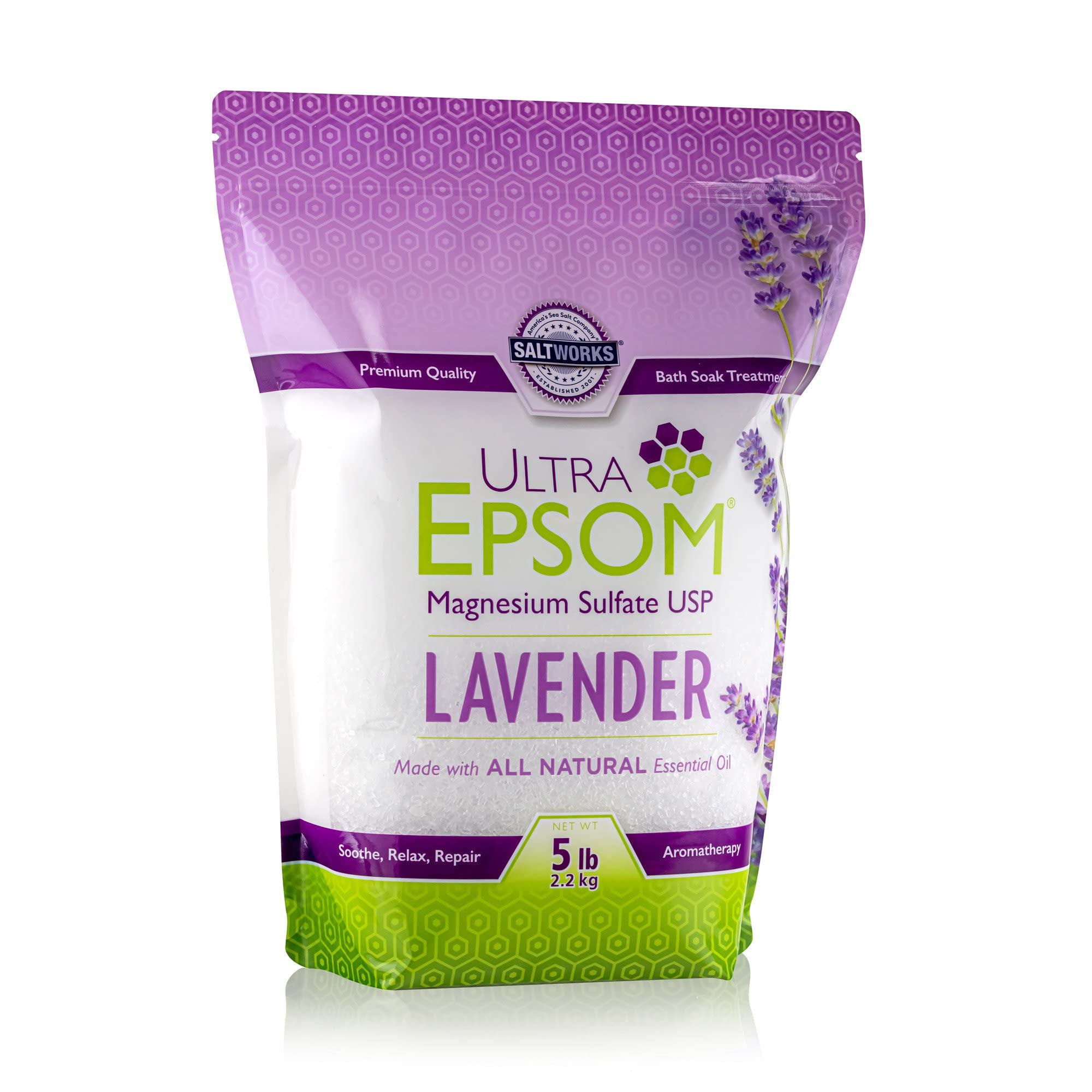 SaltWorks Lavender Ultra Epsom Bath Salt, USP Grade, 5 lb Bag
