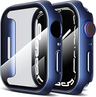 LK 2 Pack Hard PC Case with Tempered Glass Screen Protector Compatible for Apple Watch Series 8/7 45mm, Touch Sensitive, HD Ultra-Thin, Full Protective Cover for iWatch 8/7 45mm, Blue