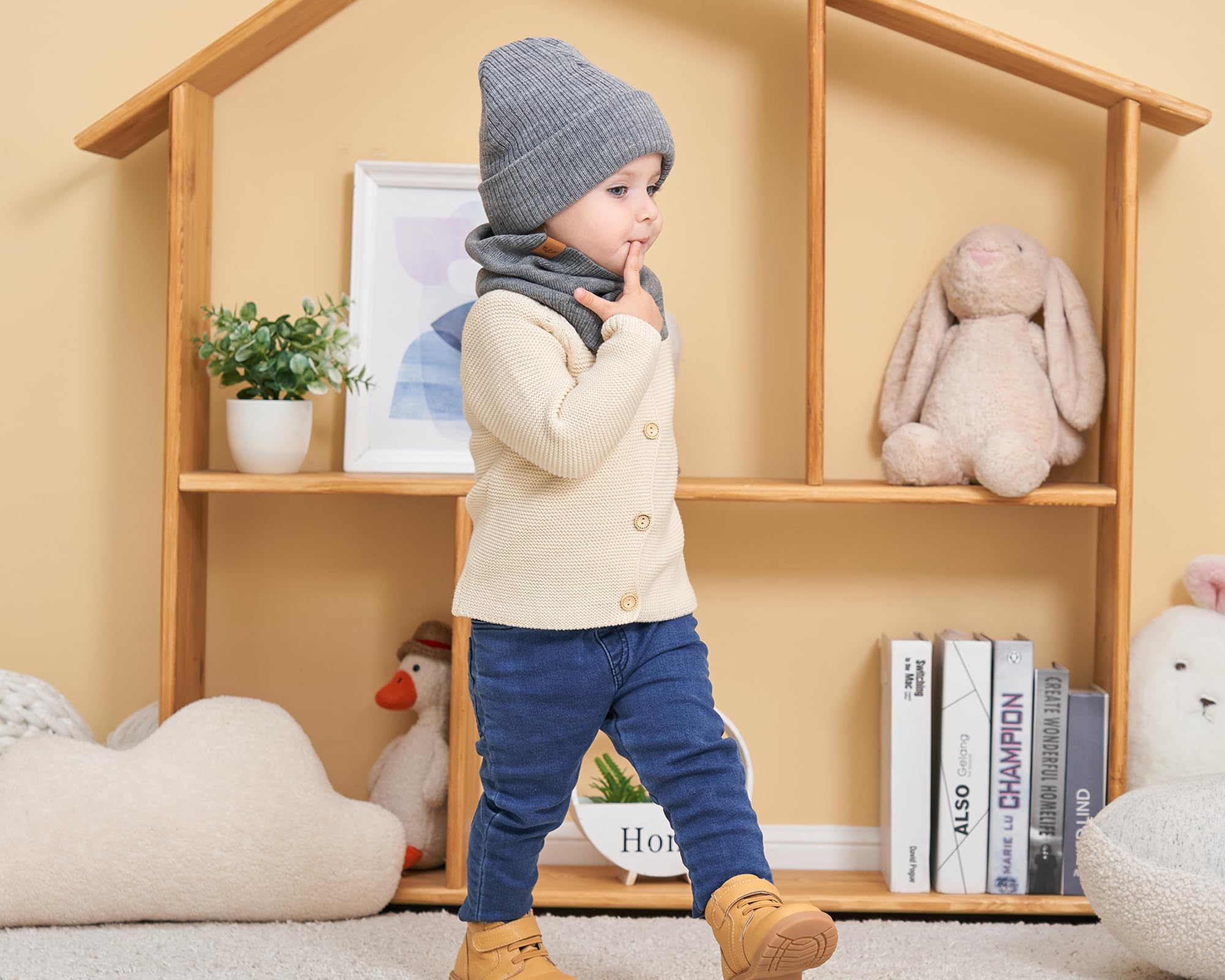Dziecięca czapka zimowa typu beanie dla chłopców, z dzianiny, ciepła czapka i szalik dla dzieci, ciemnoszary, M