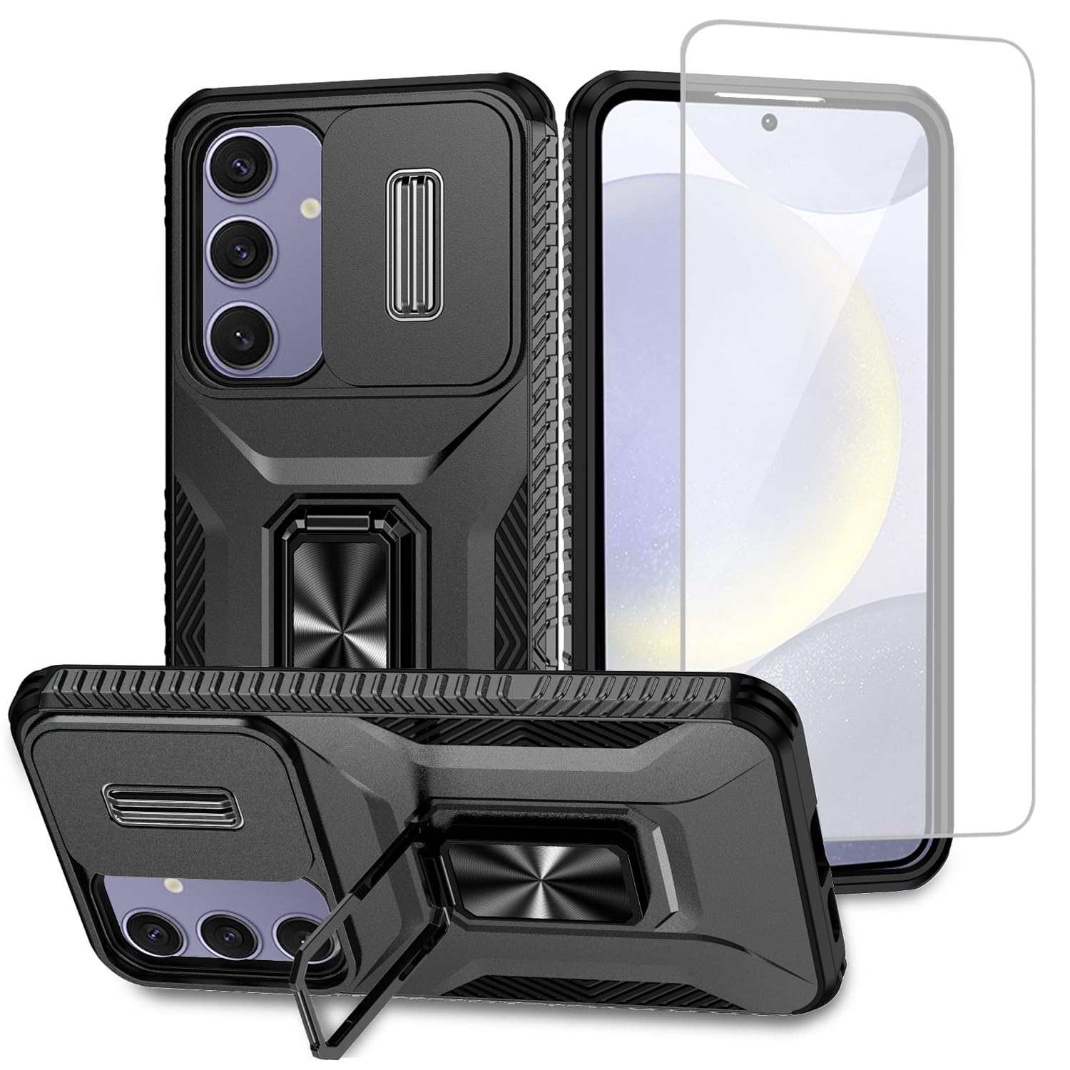 Vavies Case for Galaxy S24 FE Case, Samsung S24 FE SM-S721U Case with Tempered Glass Screen Protector and Slide Camera Cover, Magnetic Ring Car Holder