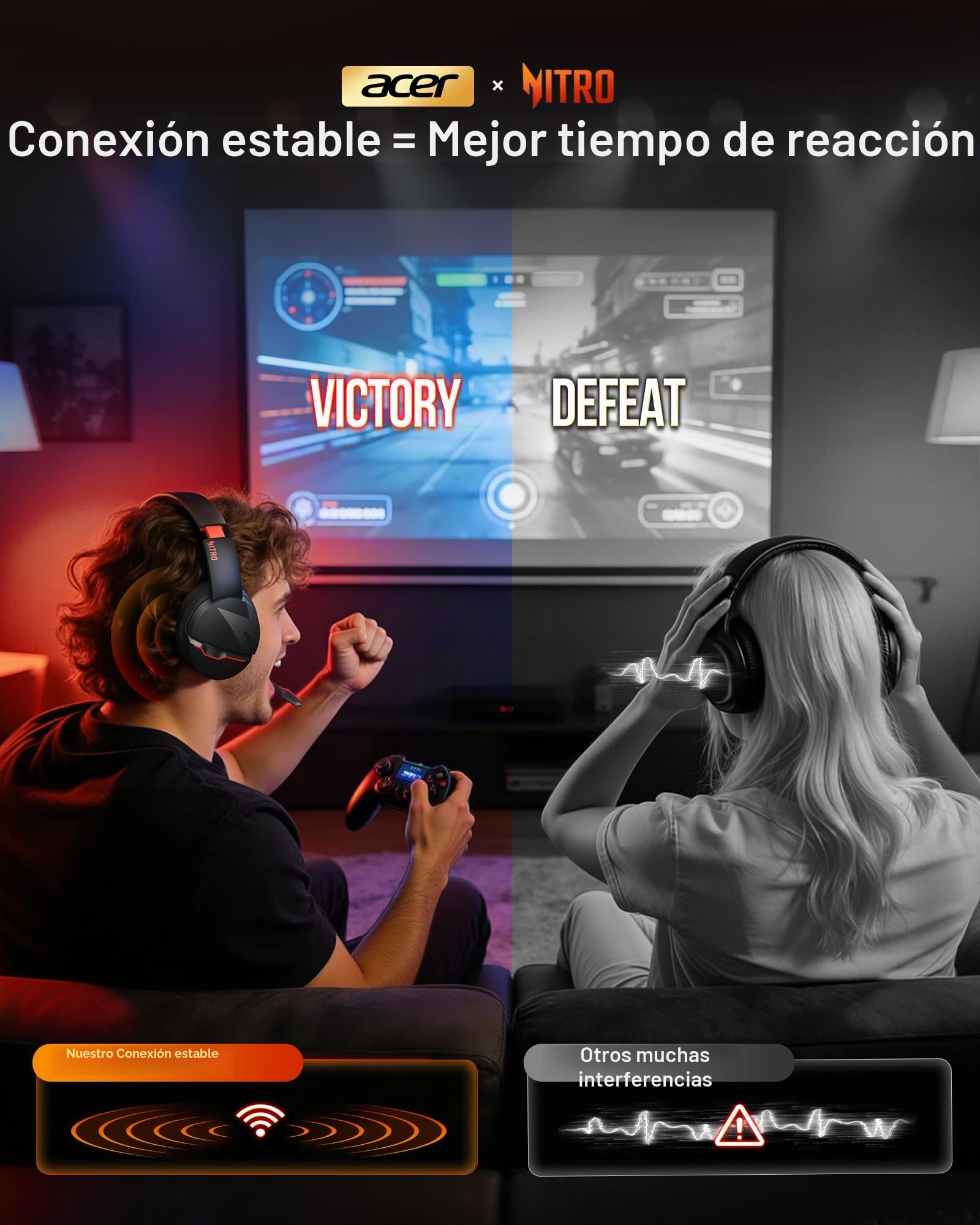 Acer Auriculares inalámbricos para Juegos, PS5 con 2.4 GHz para PS5, PS4, PC, Switch, Bluetooth 5.3 + 100 Horas con micrófono de cancelación de Ruido para Laptop, móvil, Mac, Controladores de 50 mm
