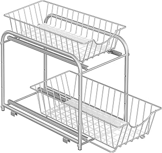 SONGMICS Kitchen Organiser Kitchen Shelf Organiser 2 Tier Stackable Expandable with Metal Baskets for Kitchen Bathroom Dov...