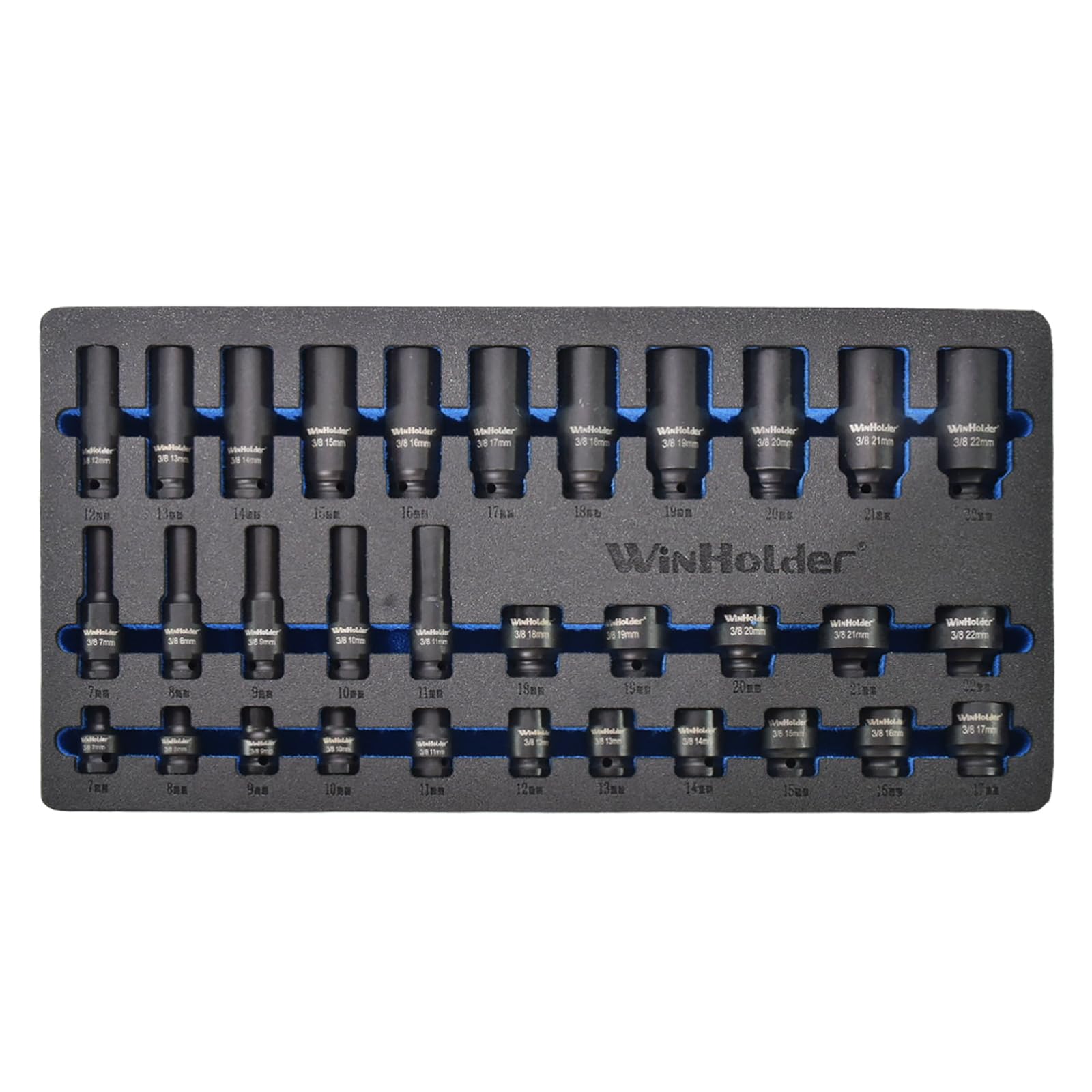 WinHolder 32-Piece Deep and Shallow Impact Socket Set, 3/8-inch Drive, 7-22mm, 6-Point Hex EVA Foam Storage Tray