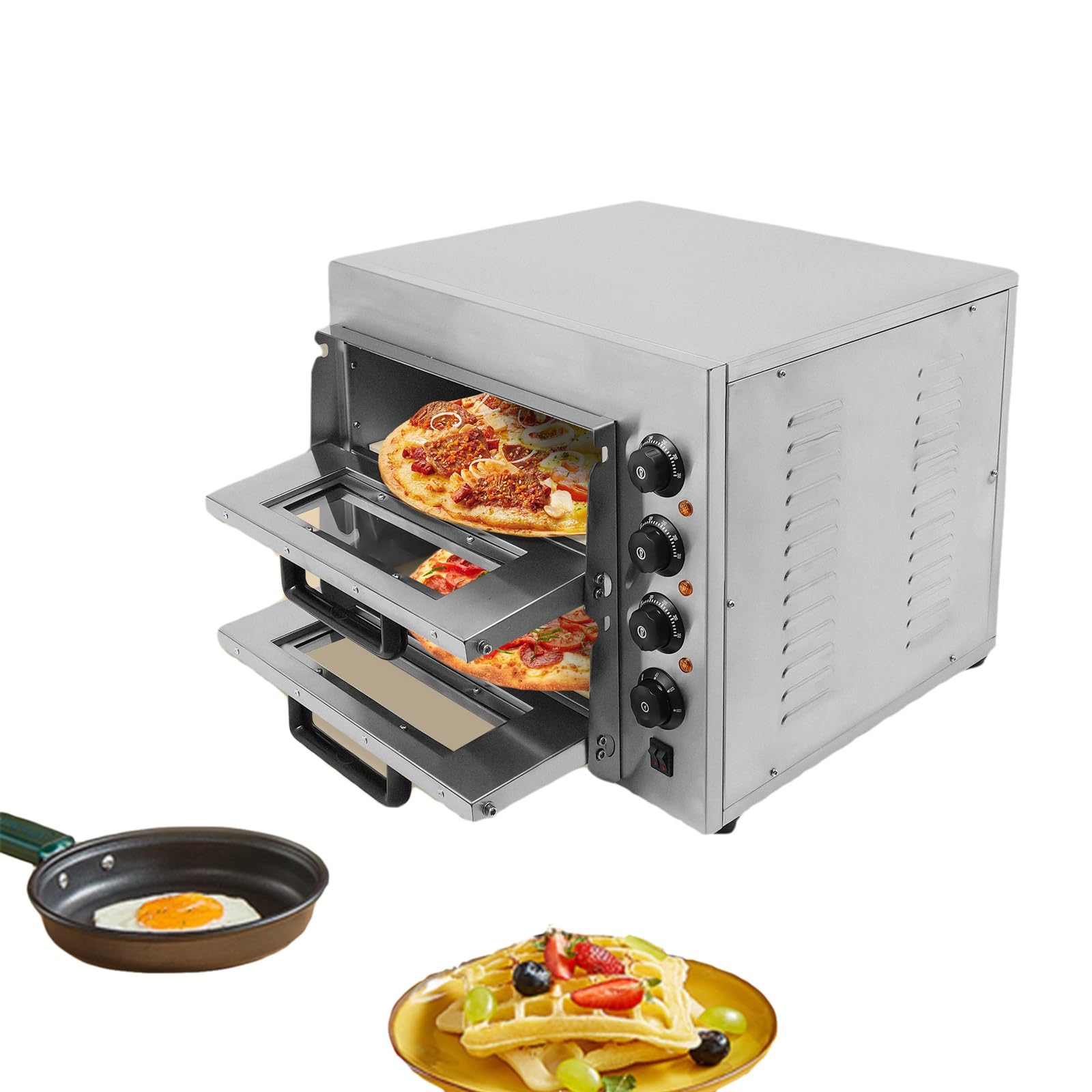 Elektryczny piec do pizzy 3000 W, 2 komory, piec do pizzy, 50-350°C, timer (1-60 minut), 2 półki szamotowe do pieczenia wypieków, pieczeni, włoskiej pizzy itp