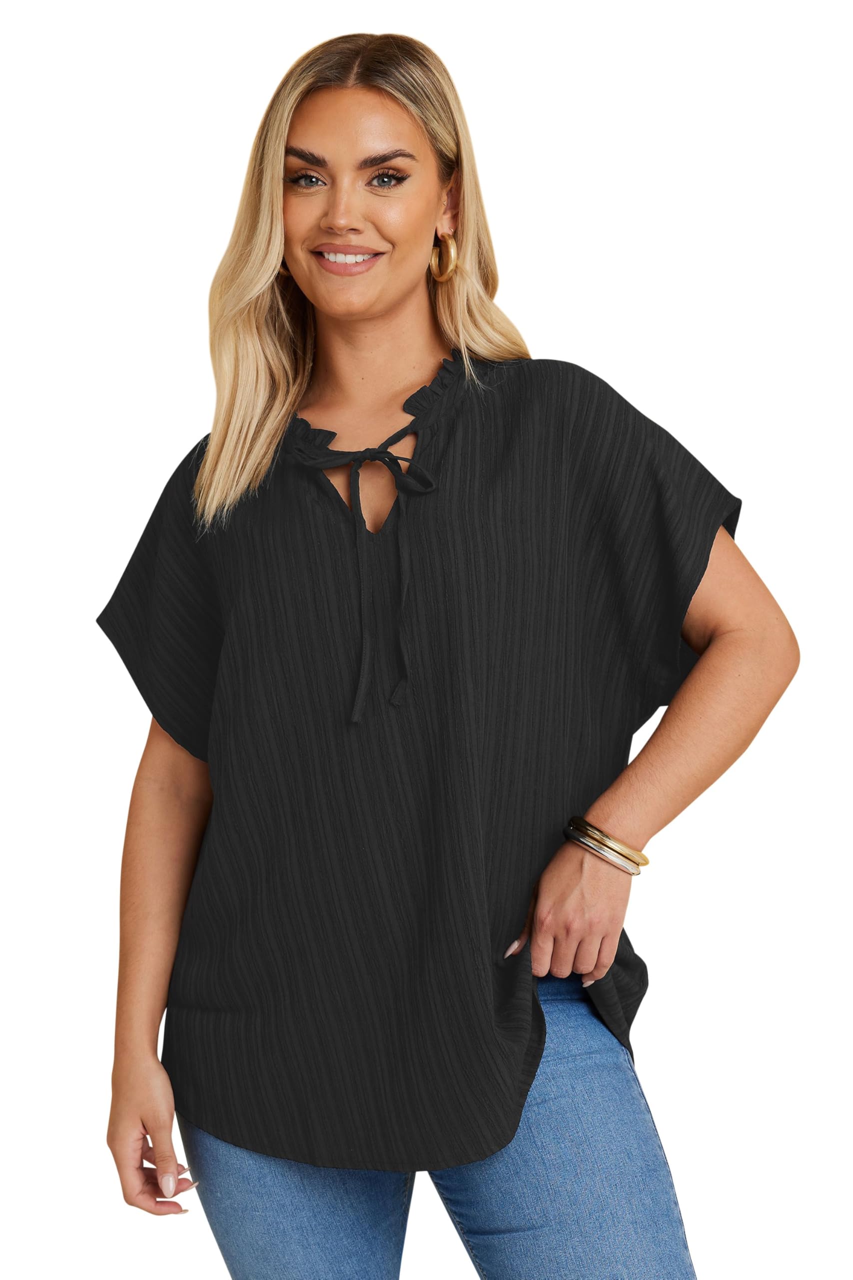 Yours Women's Black Curve Textured Frill Neck Top - Plus Size Curve