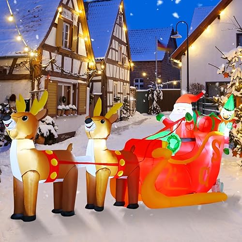 GOOSH 10 FT Christmas inflatables Santa Claus Outdoor Decorations Blow Up Yard Santa Claus on Sleigh with 2 Reindeer & Boxes and Elf with Built-in