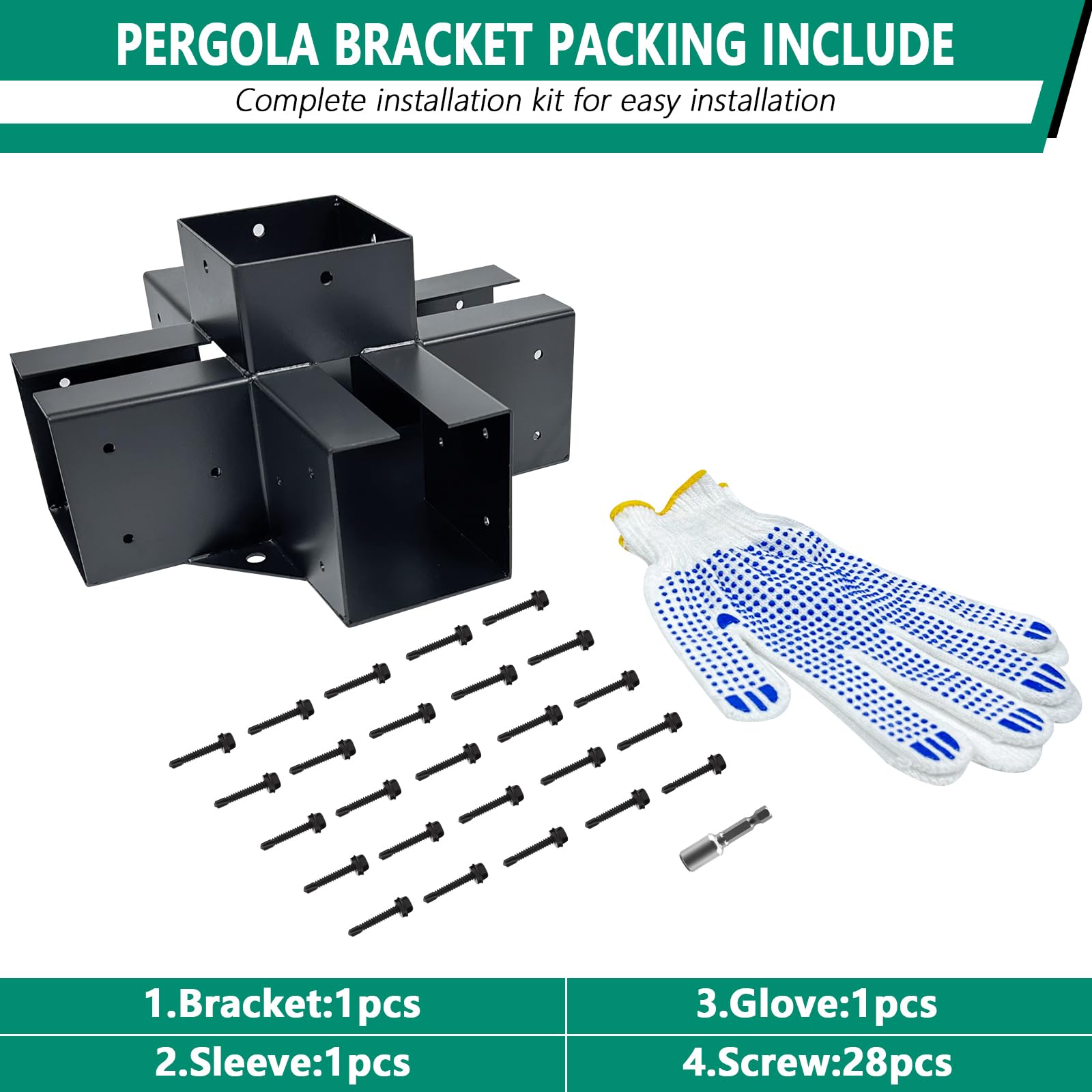 VoTwoofv Pergola-Halterung 4-Wege, Rechtwinklig – Für 8,9x8,9 Cm (4x4) Holzpfosten, Verzinkter Stahl, Schwarz, Inkl. Montageset