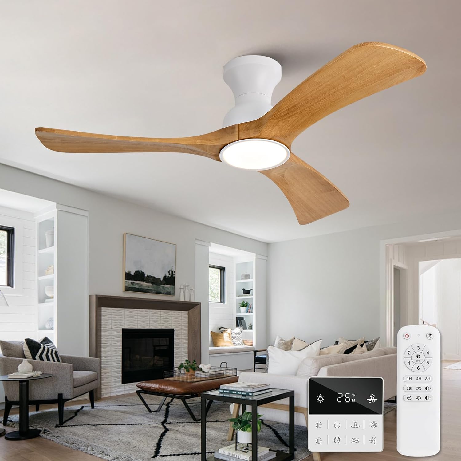 Flush Mount Ceiling Fans with Lights,42 inch,Remote Control,Wall Switch,Solid Wood Blades,Dimmable,Reversible Noiseless,Power Off Memory Modern Ceiling Fan for Bedroom Patio Indoor/Outdoor Use White Natural Wood Flush Mount 42 inch