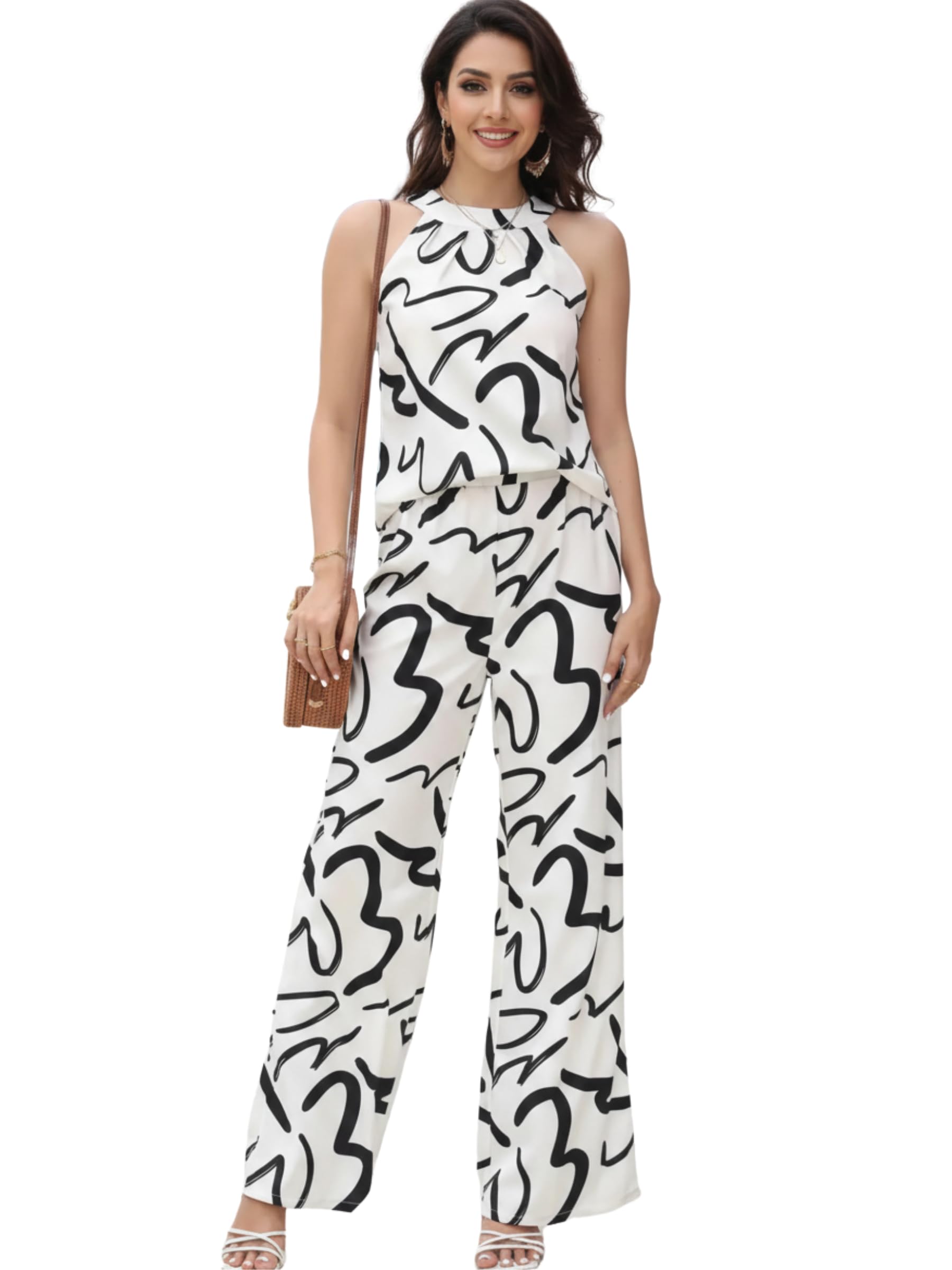 Bonkers Corner Womenâ€™s Printed Co-Ord Set â€“ Sleeveless Halter Neck Top with Wide Leg Pants | Casual Summer Two-Piece Outfit | Stylish Matching Lounge & Travel Set in multi