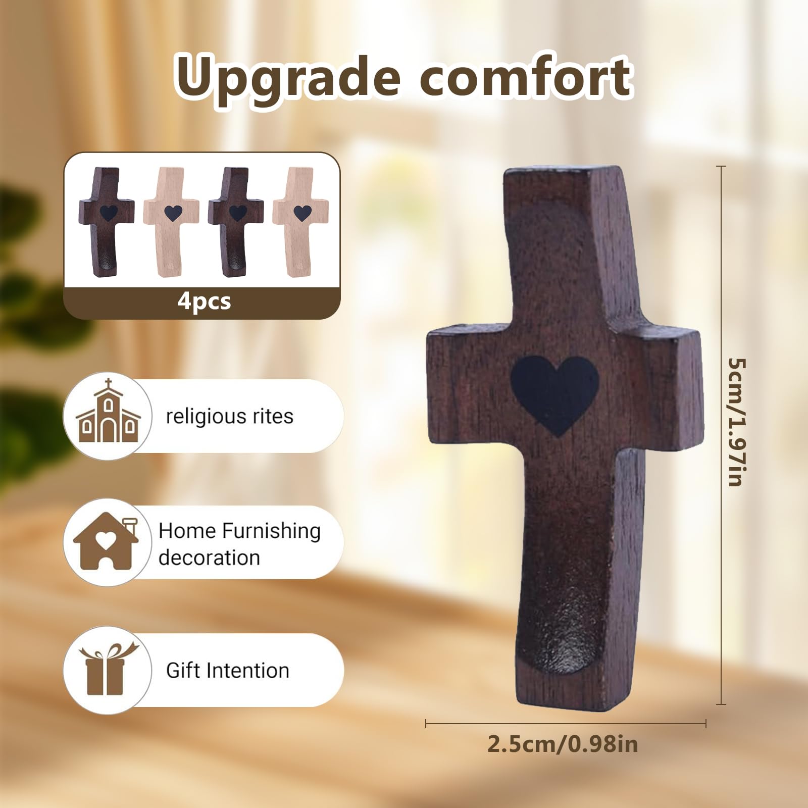 pclapora 4 Piezas Crucifijo de Nogal, Colgantes Cruz de Madera, Cruz de Madera Hecha a Mano, Pulgar Sosteniendo Crucifijo, para Aliviar el Estrés y Oración para Niños, Adultos