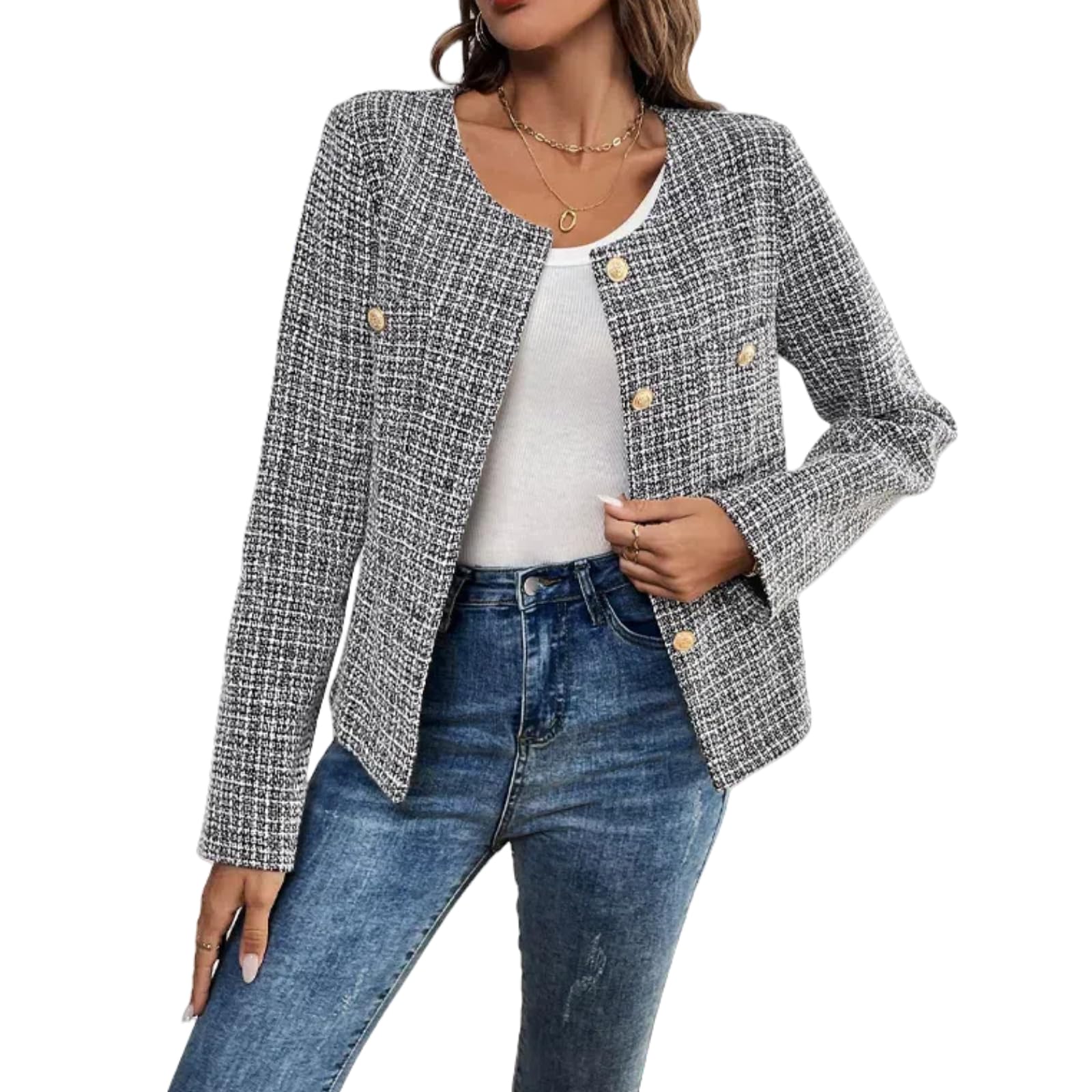Womens Tweed Blazer Long Sleeve Round Neck Business Casual Coat