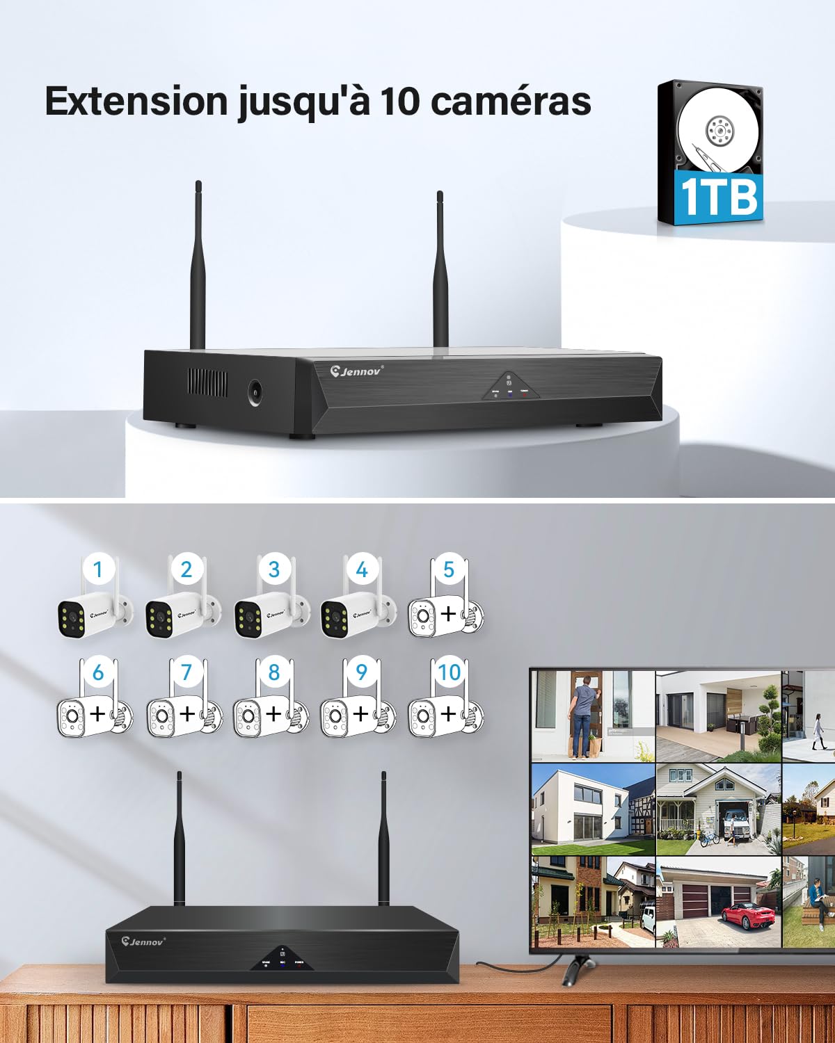 Jennov 5MP Kit Caméra Surveillance WiFi Extérieure, 10CH 5MP NVR et 4X Caméra avec Grand Angle 120°, Enregistrement 24/7, Détection Humaine, Audio Bidirectionnel, Vision Nocturne Couleur, 1TB