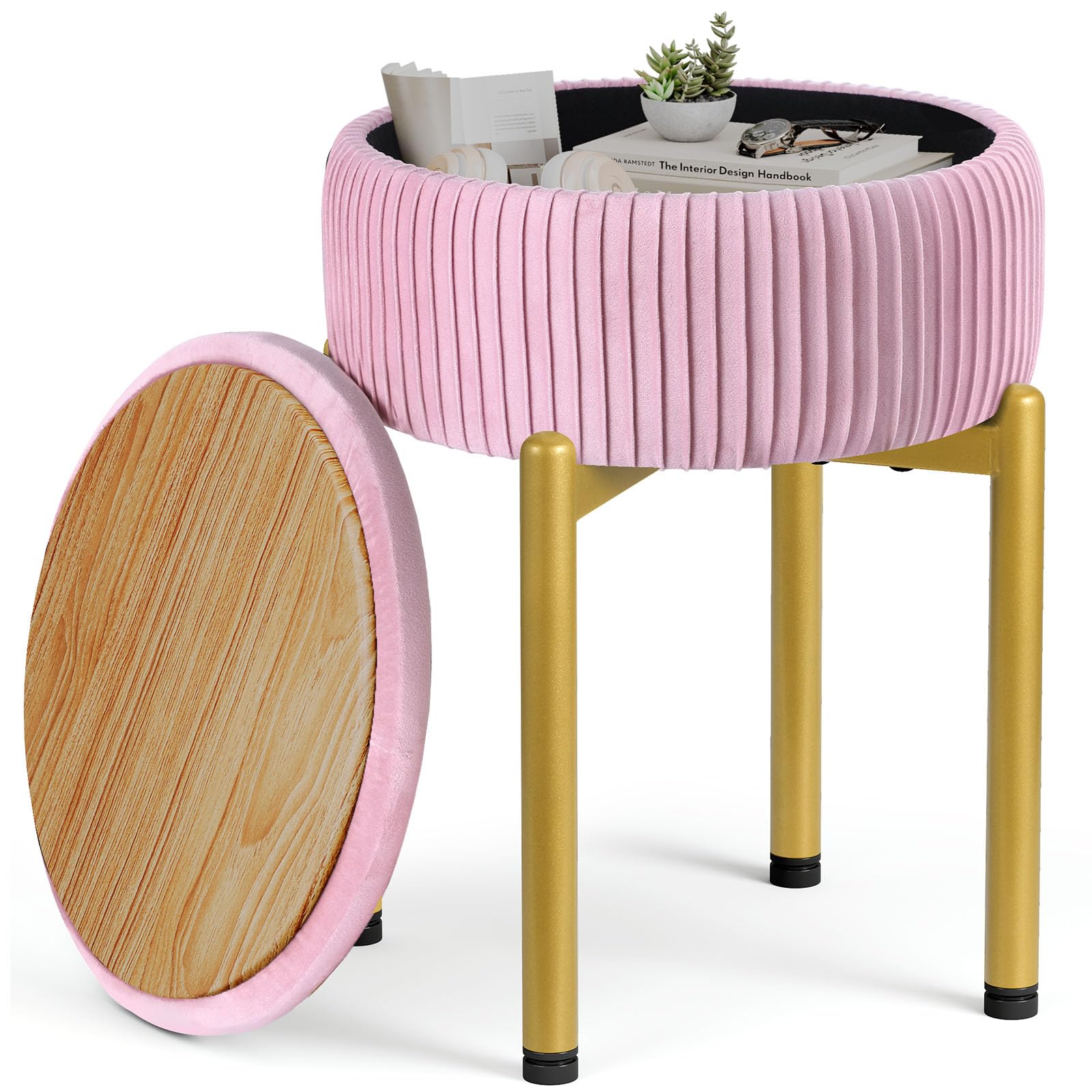 Memobarco 18-Inch Velvet Vanity Stool Chair with Storage, Vanity Bench with 4 Golden Metal Legs & Anti-Slip Adjustable Feet,Round Storage Ottoman