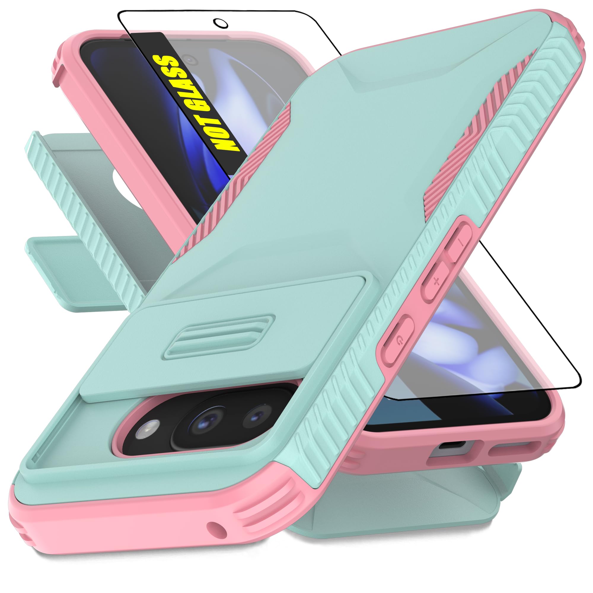 for Google Pixel 9A Case | Built-in Slide Camera Cover & Screen Protector [2 in 1] Heavy Duty Rugged Shockproof Protective Cases for Pixel 9A(Cyan/Pink)