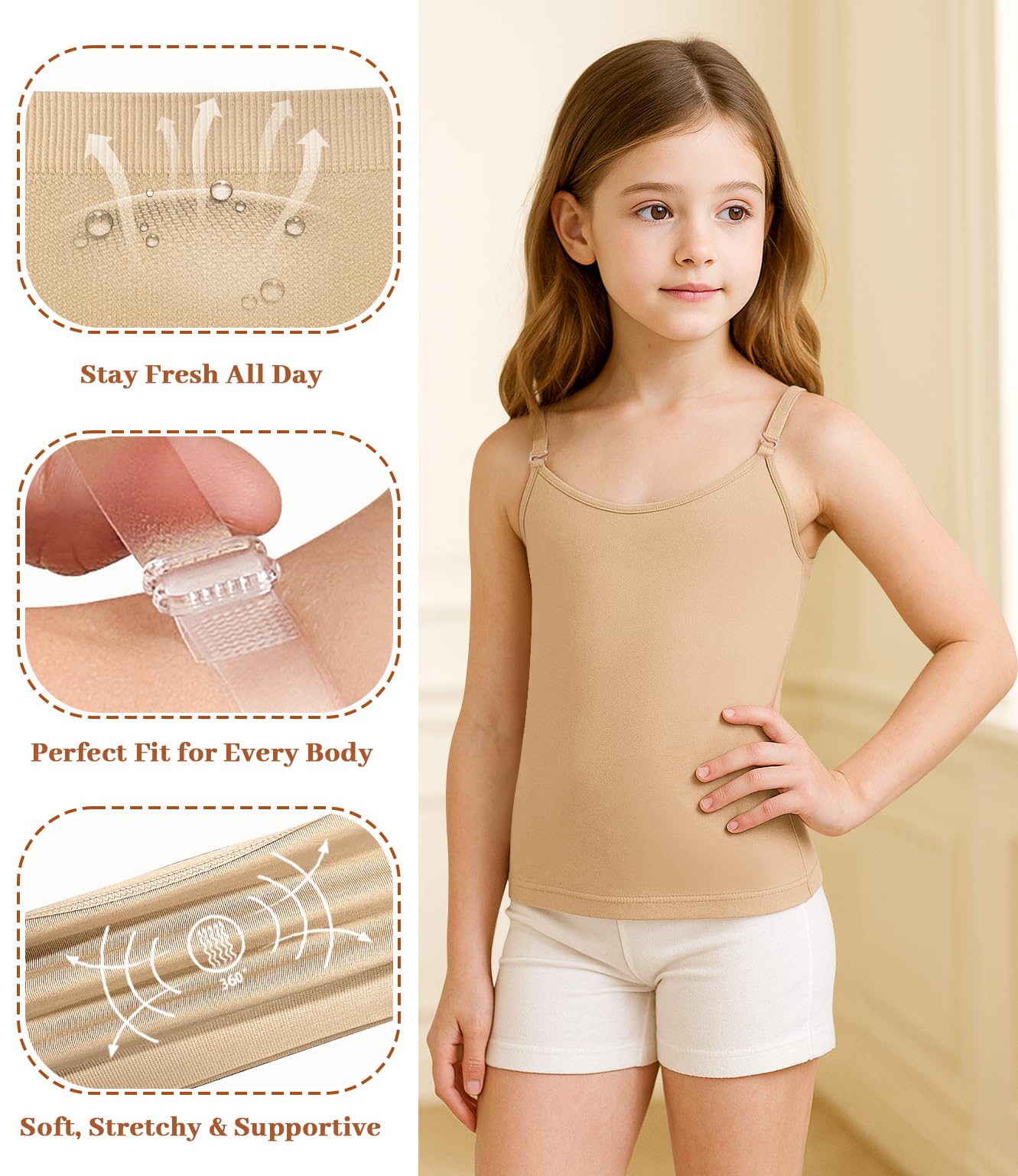 DANSHOW Haut pour fille de couleur chair avec bretelles réglables et transparentes avec cache-tétons idéal pour les vêtements de danse pour enfants