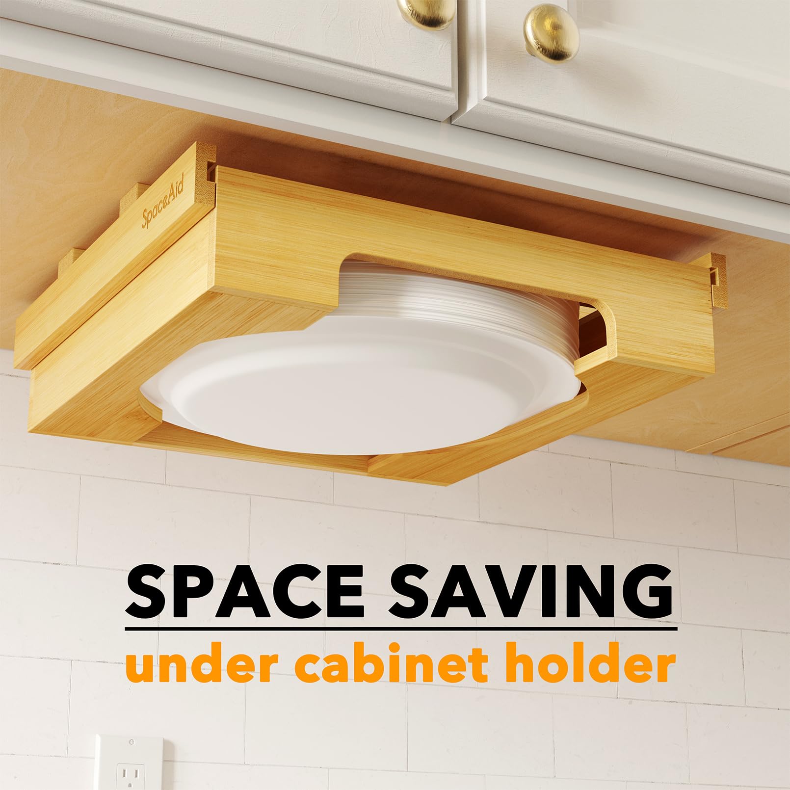 SpaceAid Dispensador de Platos de Papel de 12 Pulgadas, Soporte de Platos de bambú para Debajo del gabinete, Soporte Vertical para encimera de Cocina, Organizador de encimera (para Platos de 12