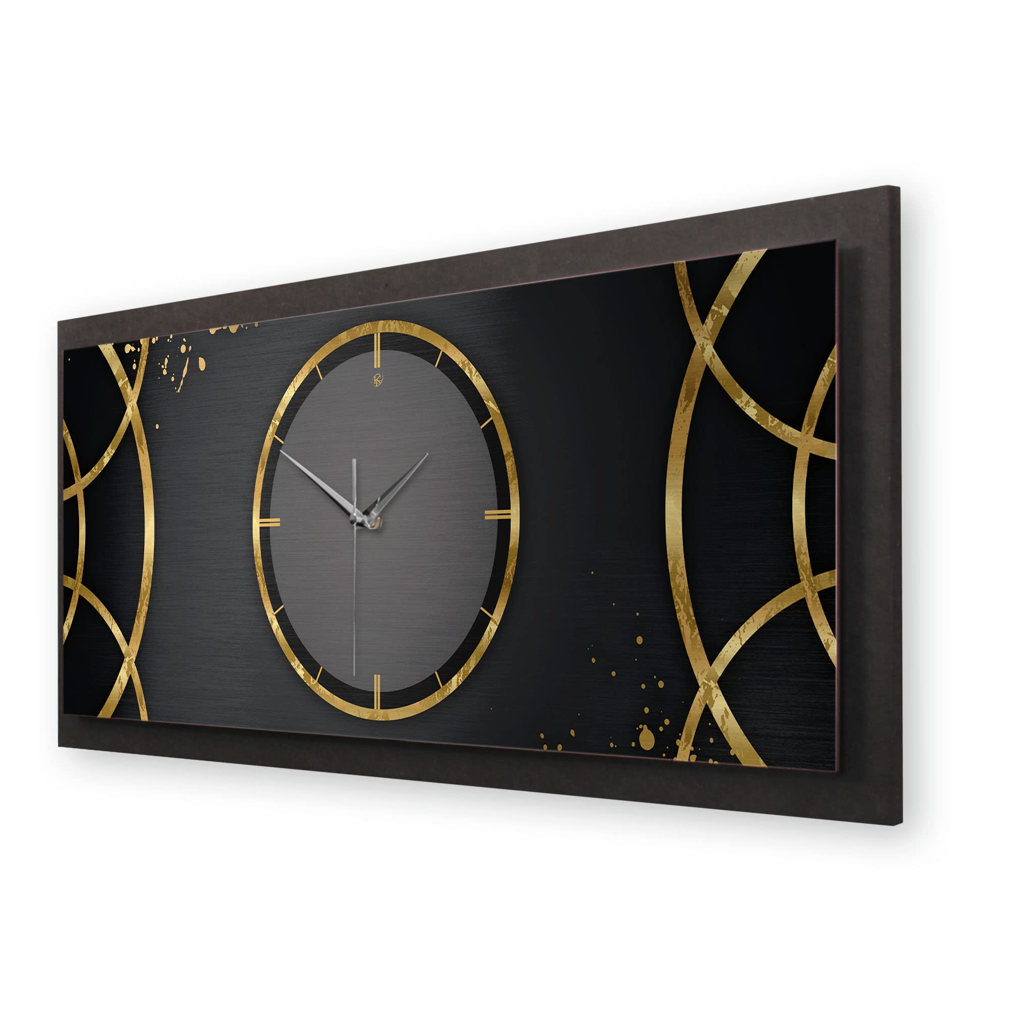 Kreative Feder 3D Designer-Wanduhr Ring in modernem Metallic-Look 70x30cm rechteckig quer analog lautlos ohne Ticken (Ring, leises Funkuhrwerk)