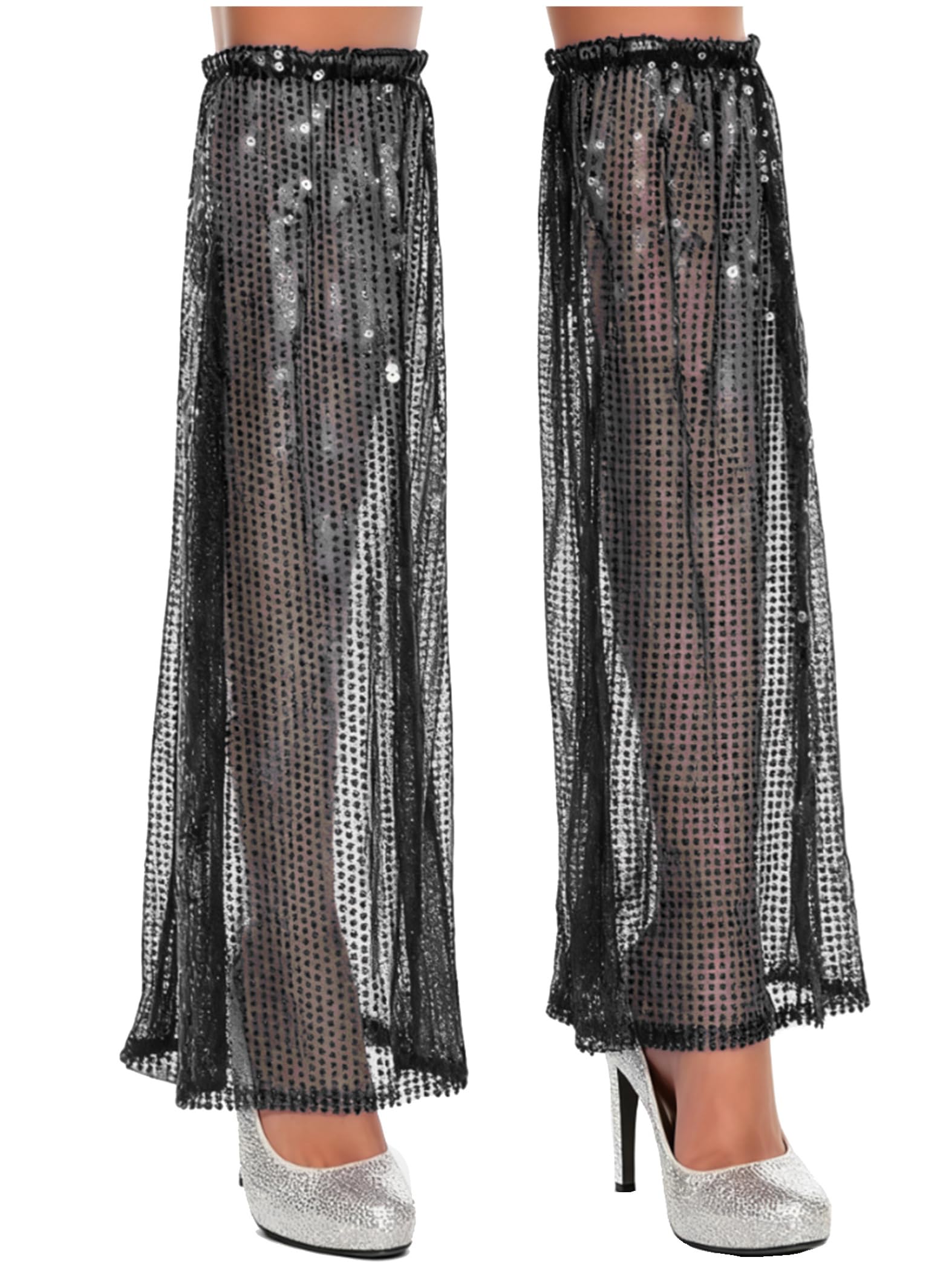 Womens Shiny Sequin Leg Warmers Detachable Sleeves Flared Design Sheer Mesh Leg Covers