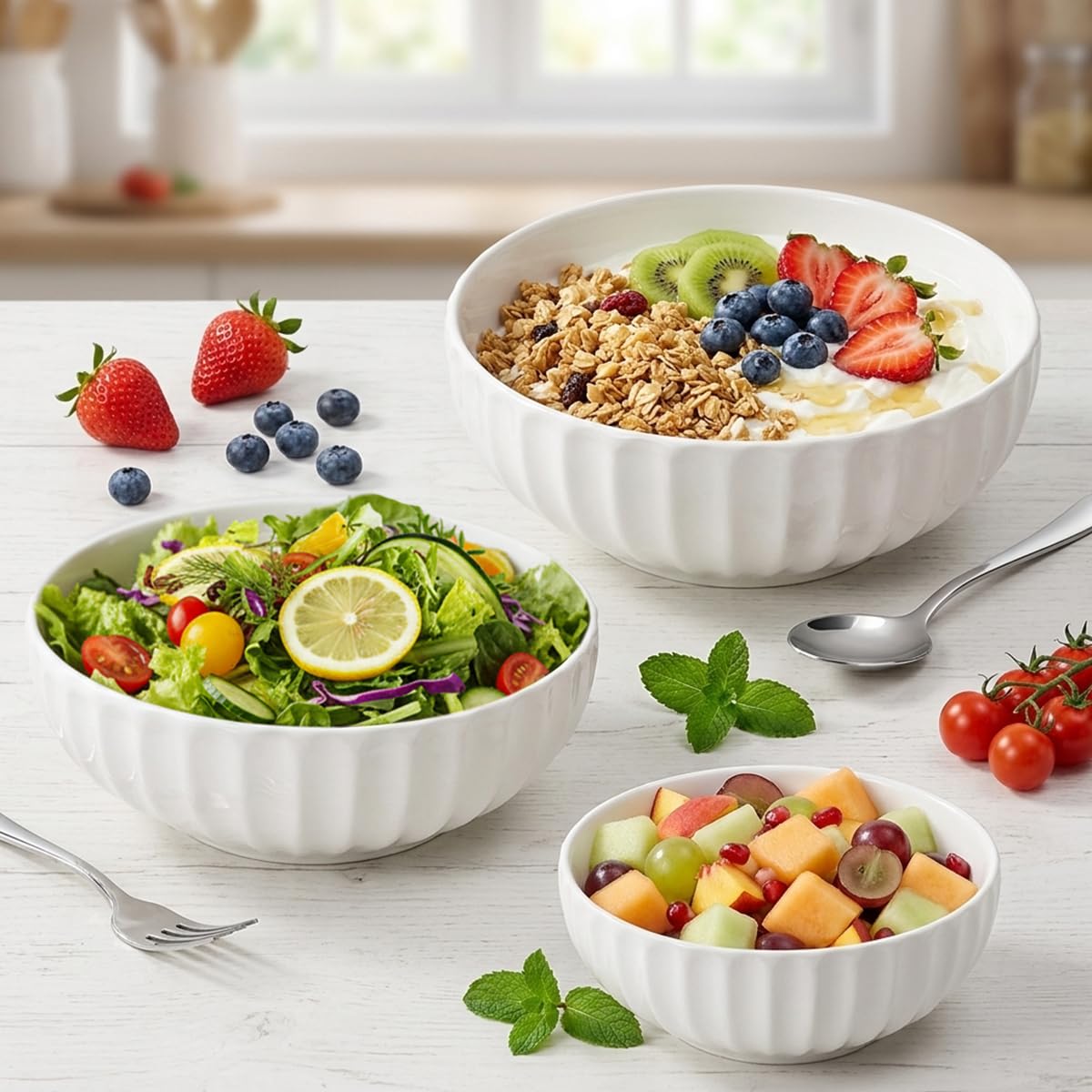 HINATDD Set of 3 Ceramic Salad Bowls 2.5 L/1.5 L/0.7 L Salad Bowls Large Soup Bowls Ceramic Bowl Salad Mixing Bowl Serving Bowl for Soup, Salad, Ramen, Fruit, Cereal