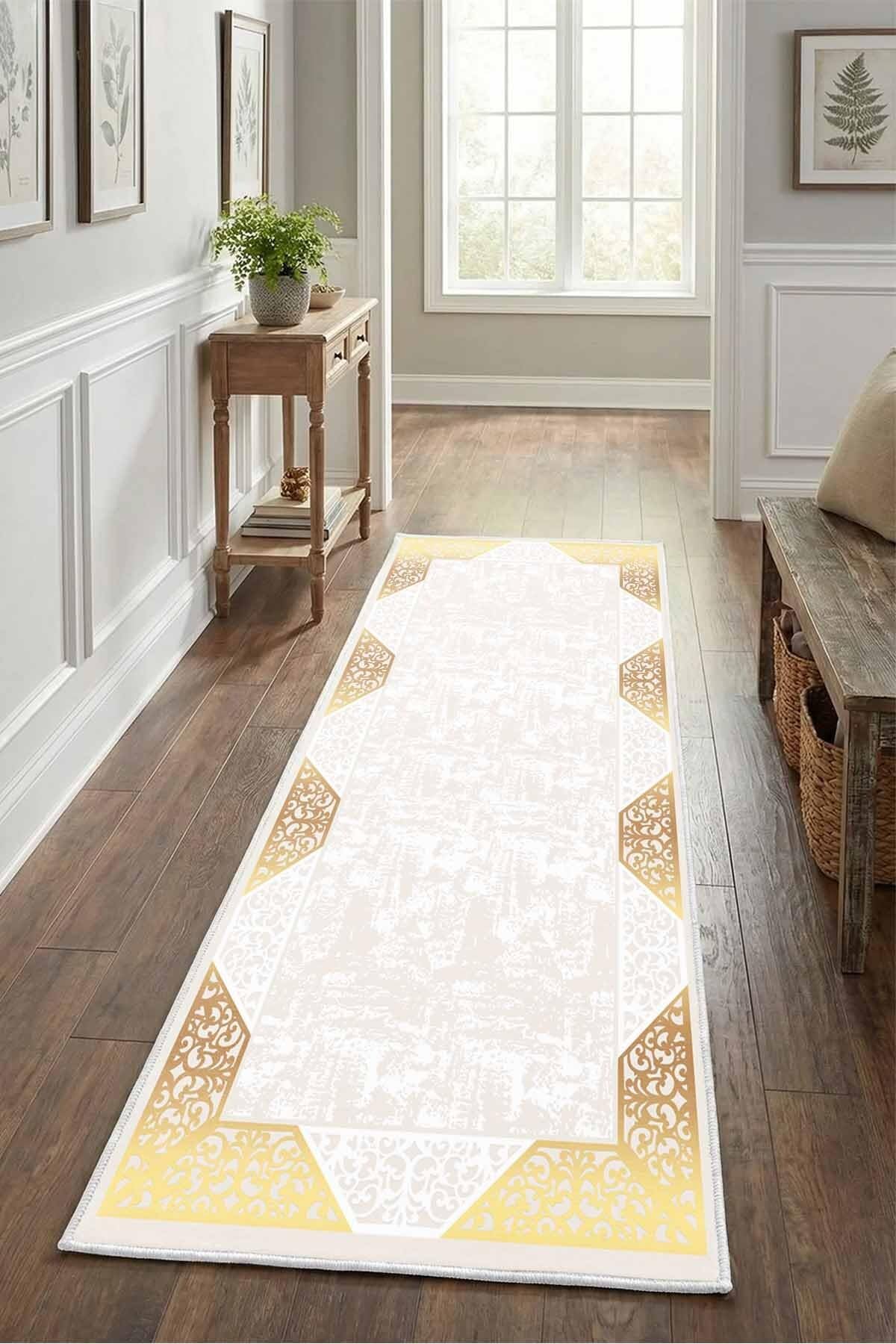 Monnhein Krem Yolluk 1239 - Yıkanabilir, Kaymaz Taban, Dijital Baskılı, Leke Tutmaz, İnce Hav, Modern Koridor, Mutfak, Antre ve Salon için Dekoratif Yolluk