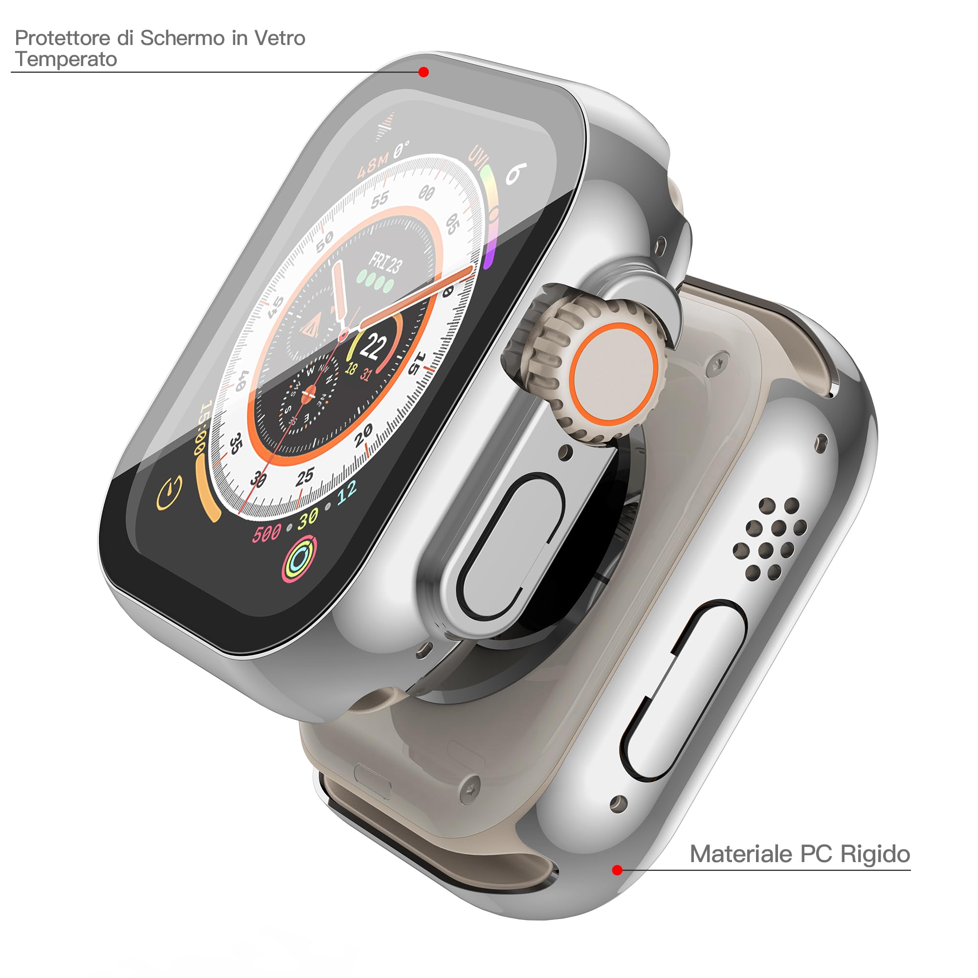 Misxi 2 Pezzi PC Cover con Protezione dello Schermo in Vetro Temperato Compatibile con Apple Watch Ultra 3 / Ultra 2 / Ultra 49mm, Custodia Leggera Anti-Caduta per iWatch, 1 Argento + 1 Trasparente