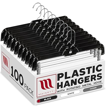 Mainetti 5131 Clear Plastic Hangers - 100 Pack with 360 Swivel Metal Hook and Sturdy Metal Clips, Great for Pants/Skirts/Slacks/Bottoms, Black, 14 Inch - 5131SBR