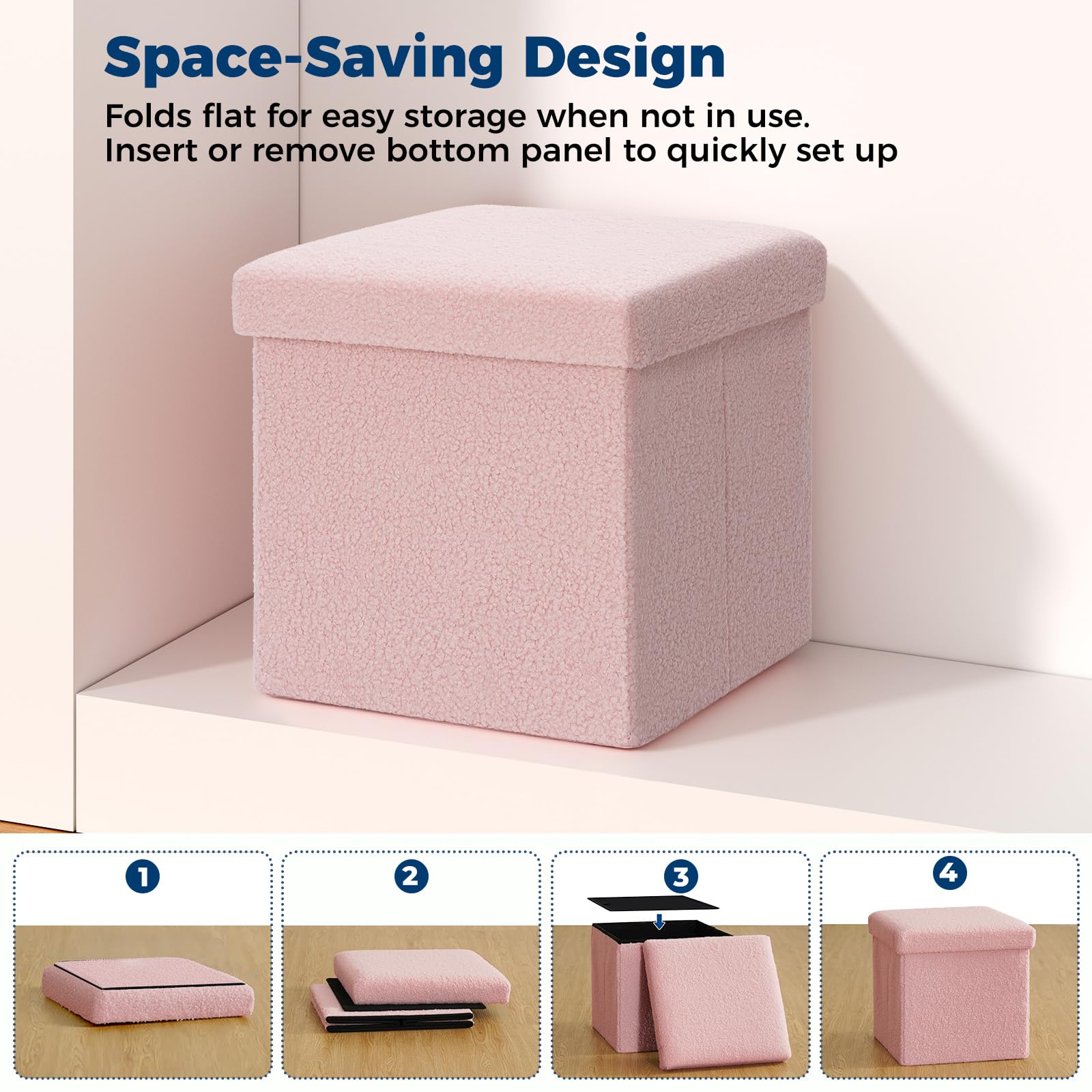 Banco otomano plegable de almacenamiento rosa de 15 pulgadas, reposapiés pequeño, capacidad de 400 libras, baúl de almacenamiento para sala de estar, dormitorio, entrada, solución de asiento elegante