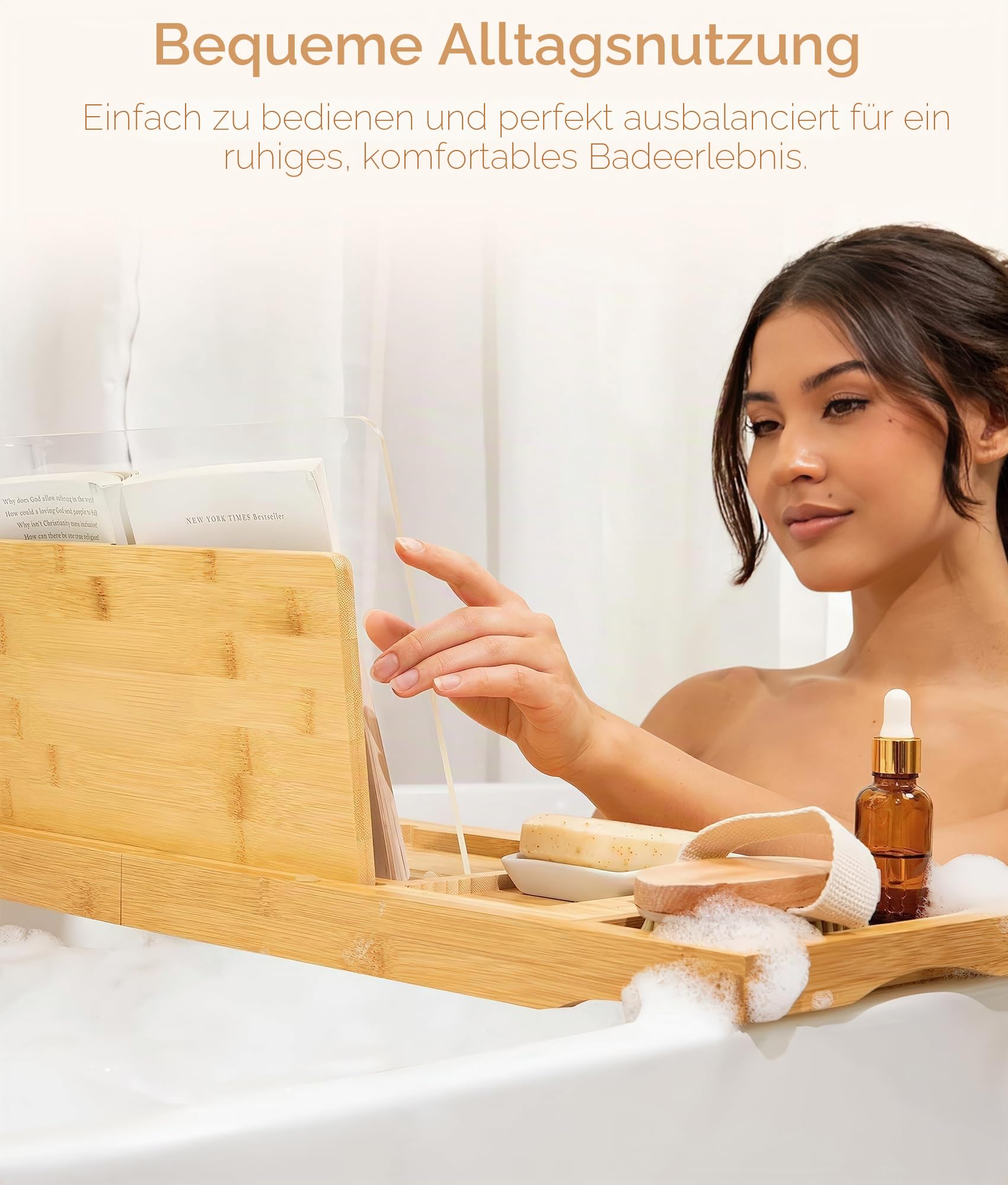 ADOV Badewannenablage, Erweiterbar Luxus Spa Bambus Holz Badewannenbrett mit Halter für Buch Tablet Telefon Glas und Kerze, Einstellbar Badewannentablett Caddy Brücke Passt Meisten Badewanne Größen