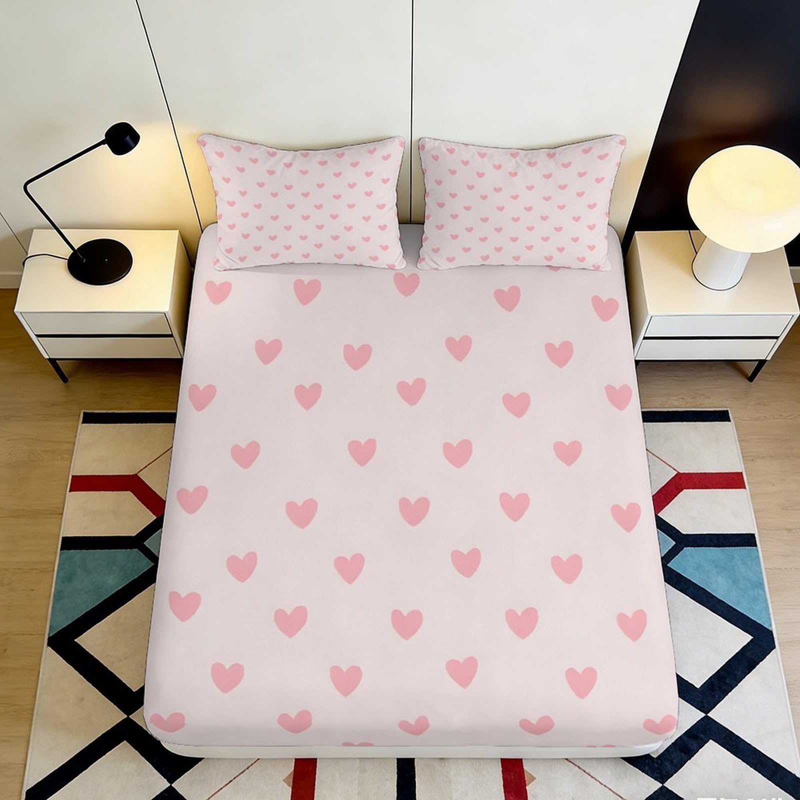 3D Printed Pink Hearts Fitted Sheet Microfiber Soft Breathable Heart Pattern Bed Cover for Bedroom Dormitory Guest Room Mattress Protection Decor 200x200x25cm