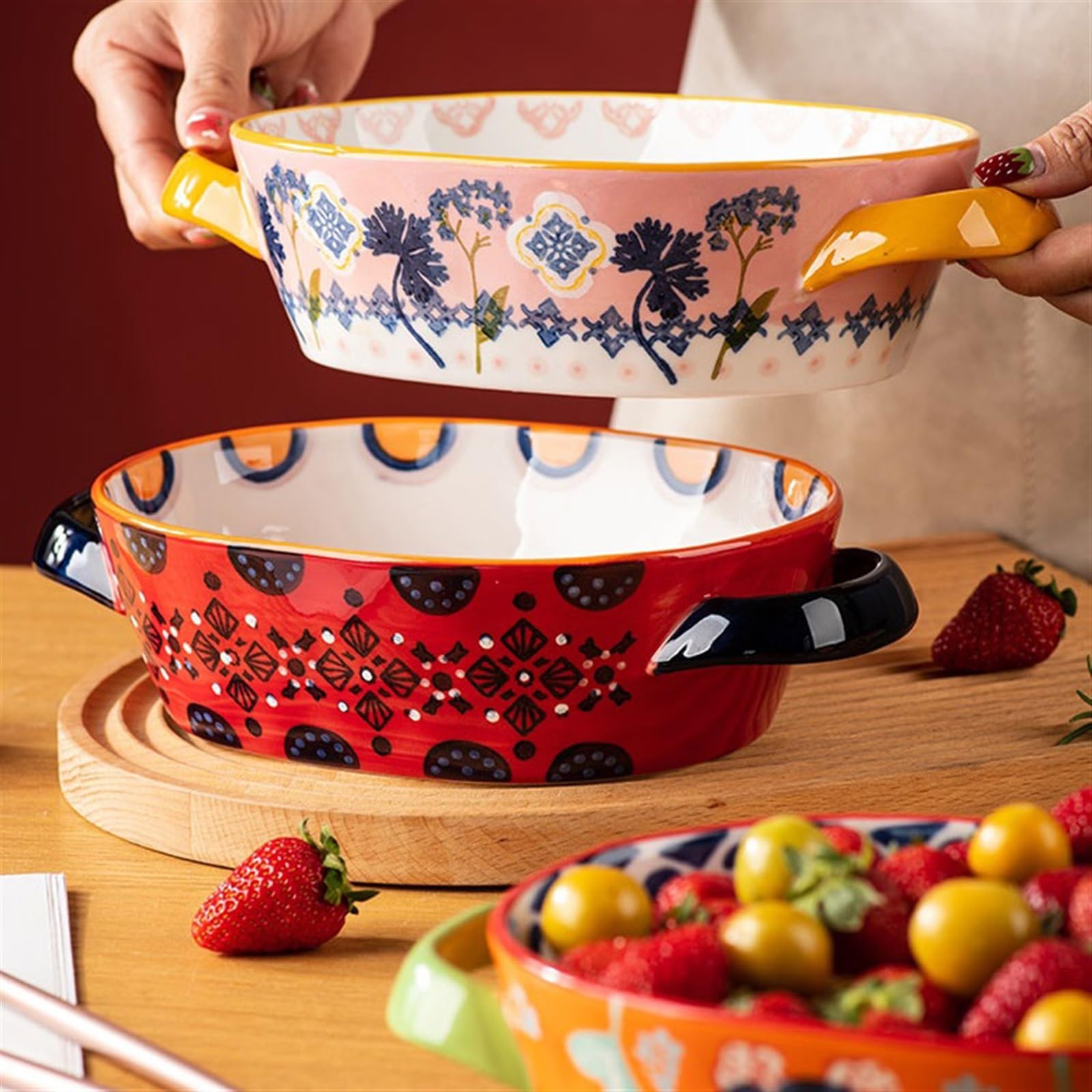 Plats à gratin pour four Vaisselle créative en céramique couleur sous glaçure, plateau de cuisson résistant aux hautes températures, assiette à dîner, assiette à soupe à double oreille, assiette à fru