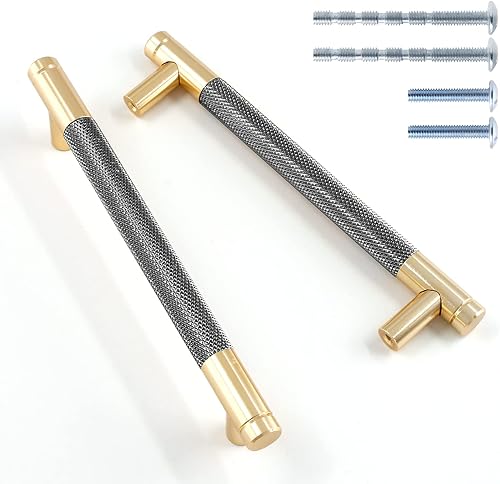 Luomorgo 12 tiradores moleteados de gabinete de 5 pulgadas, tiradores de cajón de aluminio dorado y negro, manija de puerta de gabinete de cocina,
