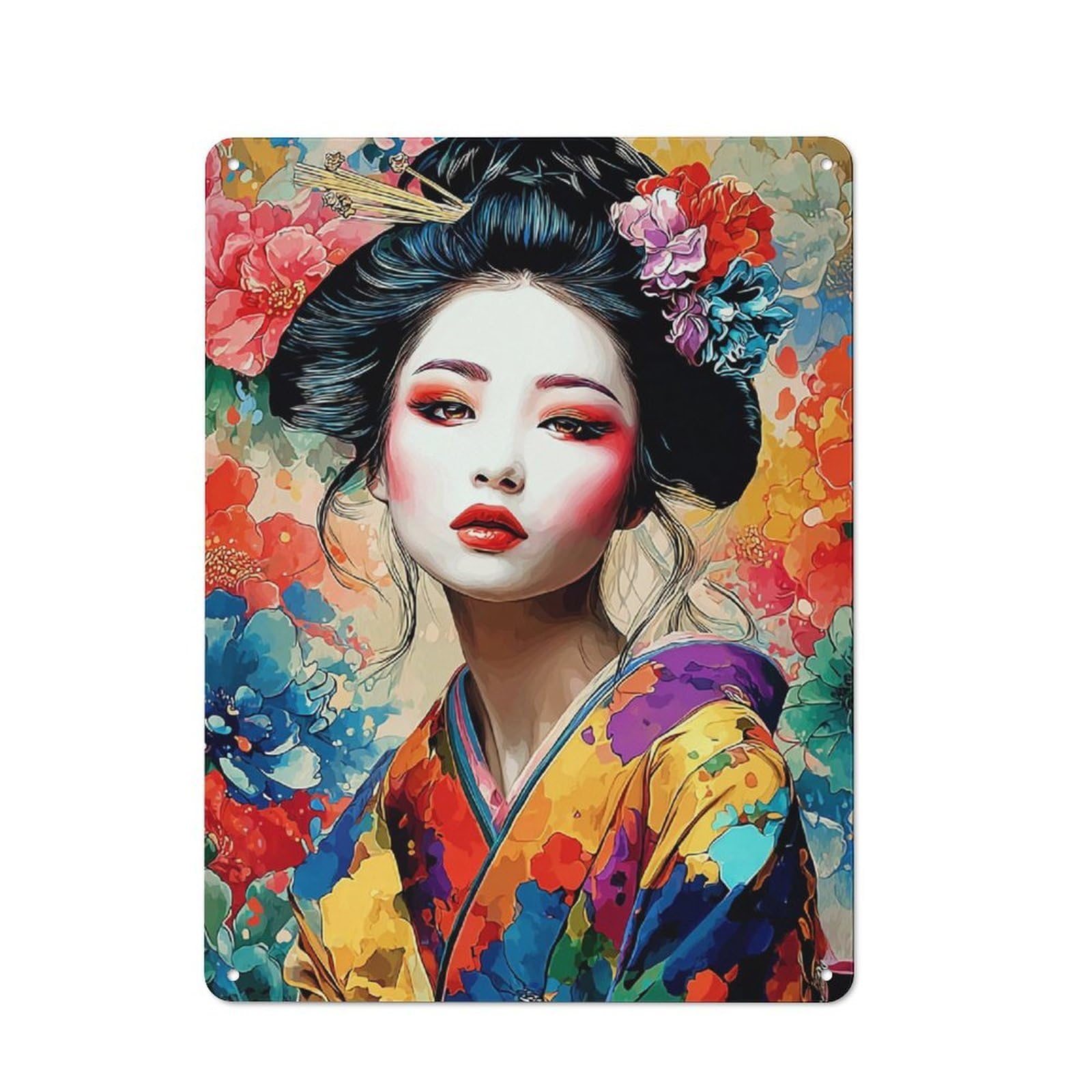 Junmoney Colorful Geisha Portrait With Flowers Character Decorative Tin Plaque 40X30cm Featuring Small Space Decor For Bedroom, Kitchen, Office Or Living Room