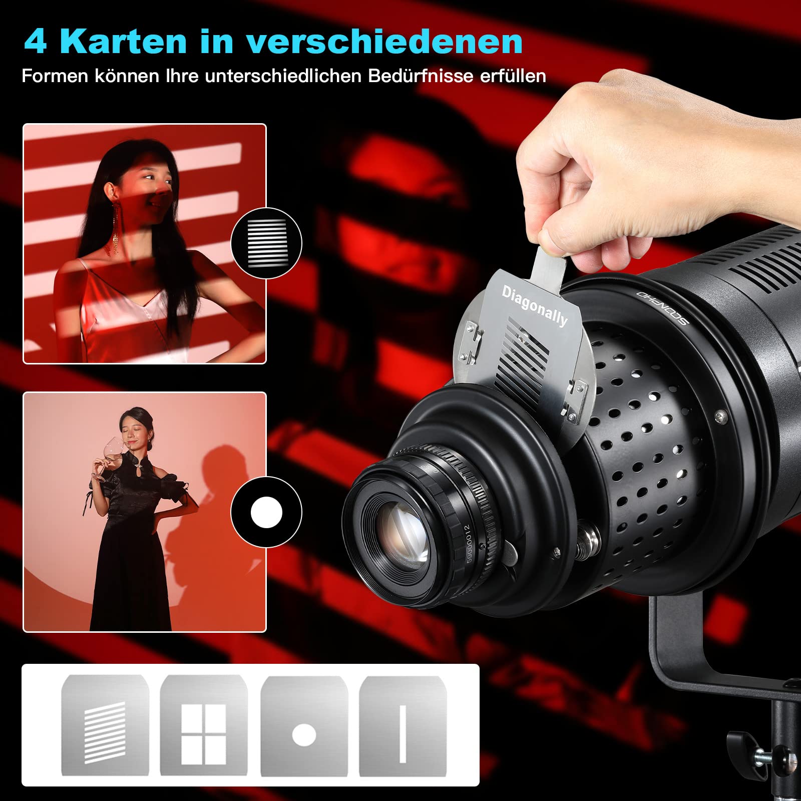 SOONPHO Snoot Optique Conique Bowens Mount avec Objectif 50mm, 8 GOBOs 4 filtres Couleur et 4 filtres Graphiques pour la Photographie créative