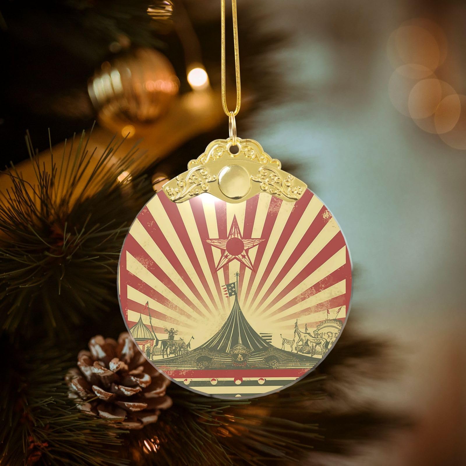 Crystal Christmas Ornaments for Christmas Tree Decoration Hanging Vintage Circus Background Ornament with Gold Ribbon Crafts Round Pendant for Keepsake Gifts Glass Xmas Decor Party Supplies
