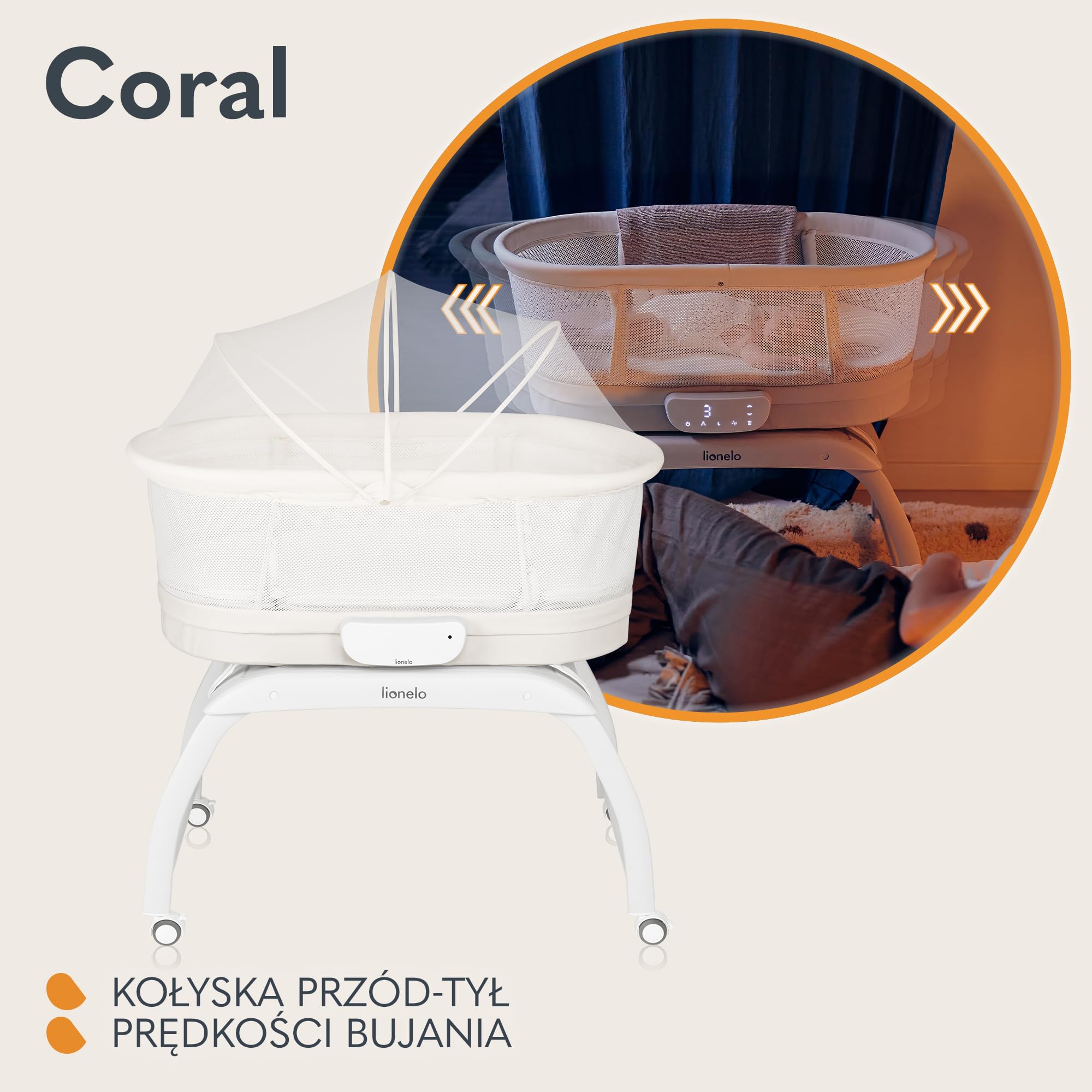 LIONELO CORAL 3 W 1 Łóżeczko Dziecięce do 9 kg, Kołyska, Waga Dziecięca, 5 Prędkości Bujania, 12 Melodii 4 Kółka Ergonomiczny Materac Timer Pilot Moskitiera | 5 prędkości kojącej huśtawki, timer, materac T25, standardowy z kółkami, moskitiera, pilot zdaln