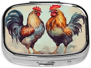 Pill Box with Mirror 2 Compartment Rooster and Hen Small Pill Case for Purse Or Pocket Mini Metal Pill Holder Travel Weekly Medicine Tablet Vitamin Holder Organizer Travel Gifts