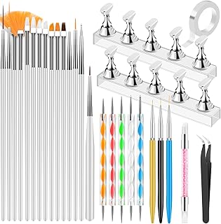 Nail Art Tools Set, Nail Stand for Press on Holder for Painting Nails, Nail Art Brushes, Liner Brushes, Nail Dotting Tool, Must Haves Design Tools Supplies Kit for Nail Tech & Beginners (White)